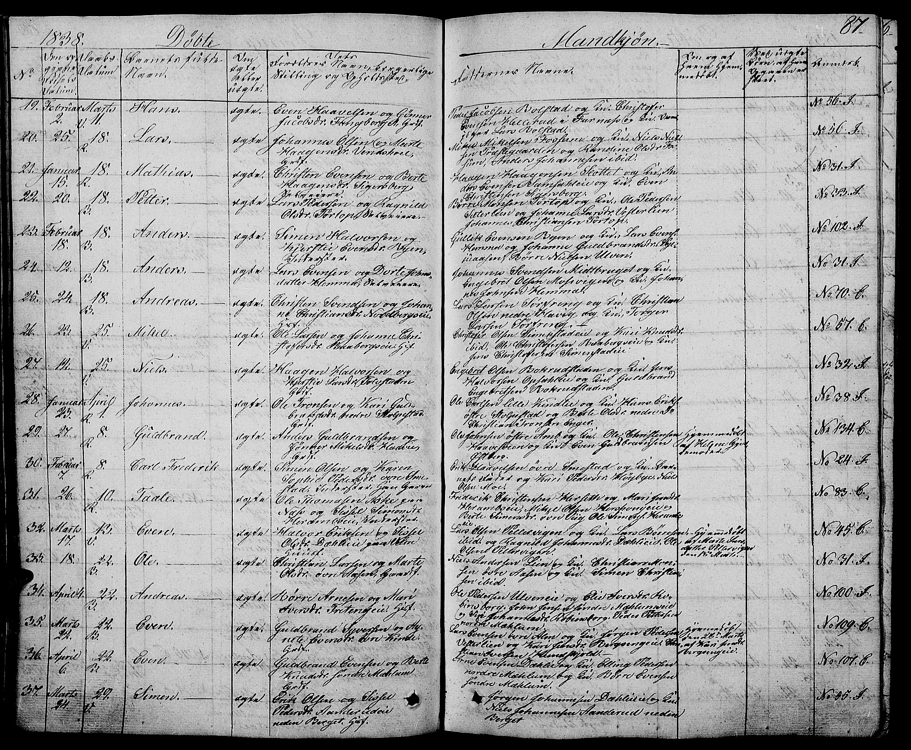 Ringsaker prestekontor, AV/SAH-PREST-014/L/La/L0004: Parish register (copy) no. 4, 1827-1838, p. 87