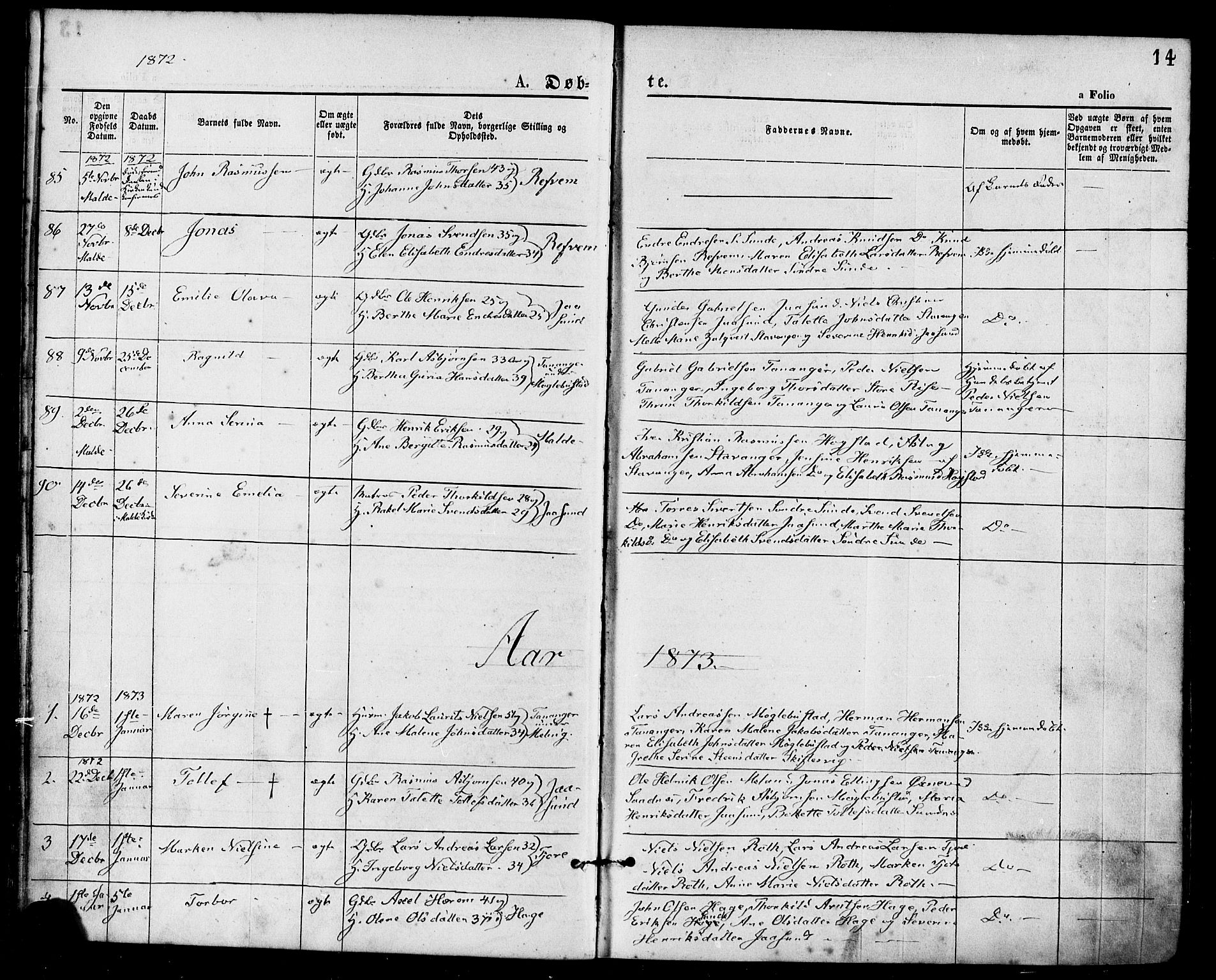 Håland sokneprestkontor, SAST/A-101802/001/30BA/L0009: Parish register (official) no. A 8, 1871-1882, p. 14