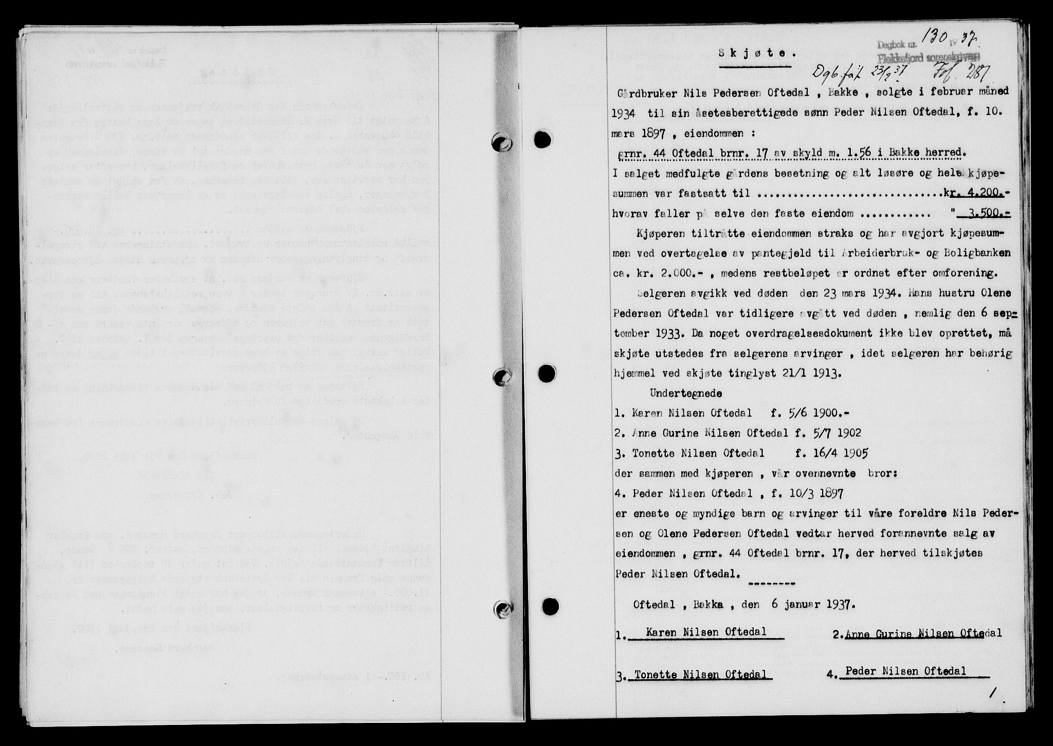 Flekkefjord sorenskriveri, SAK/1221-0001/G/Gb/Gba/L0053: Mortgage book no. A-1, 1936-1937, Diary no: : 130/1937