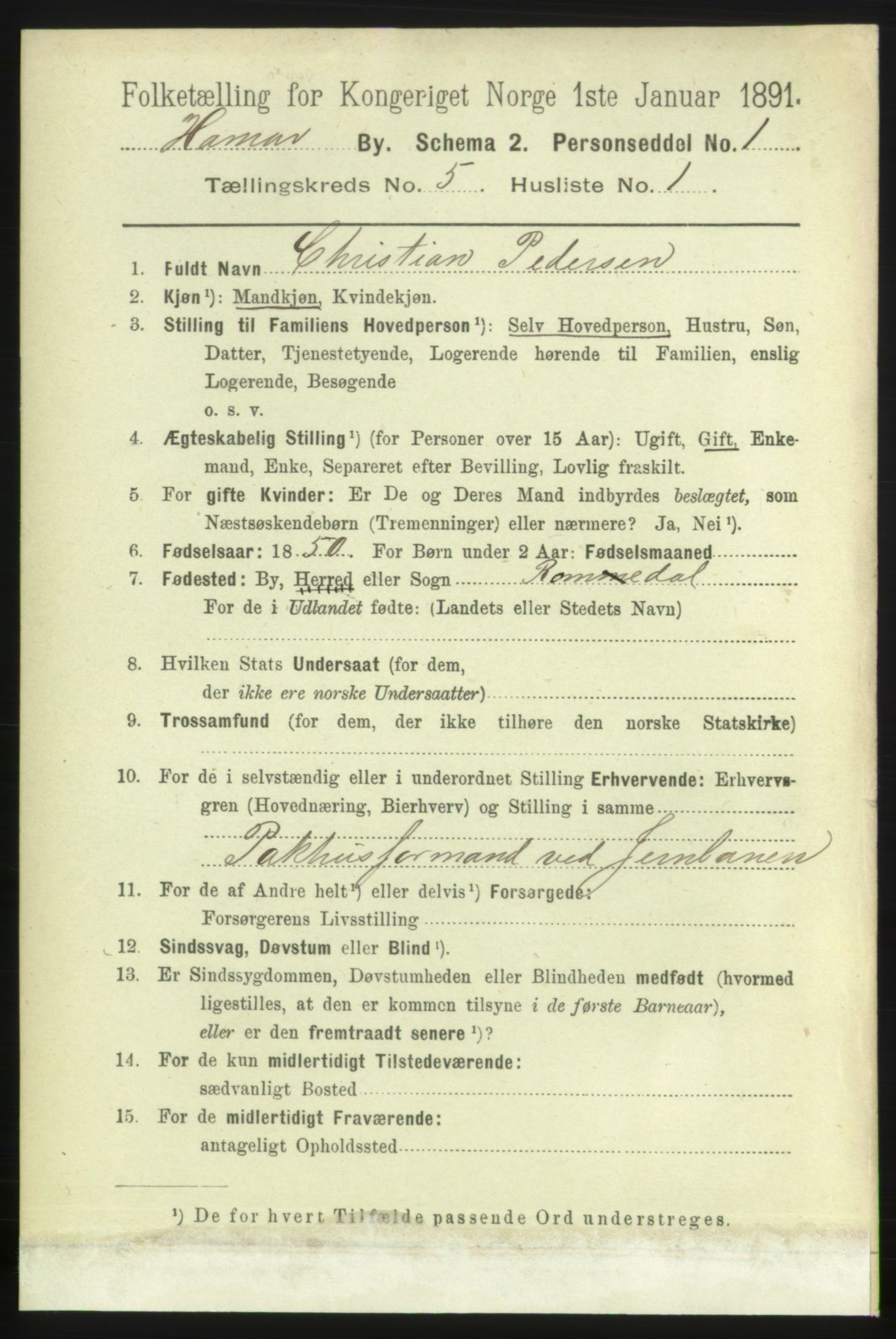 RA, 1891 census for 0401 Hamar, 1891, p. 3637