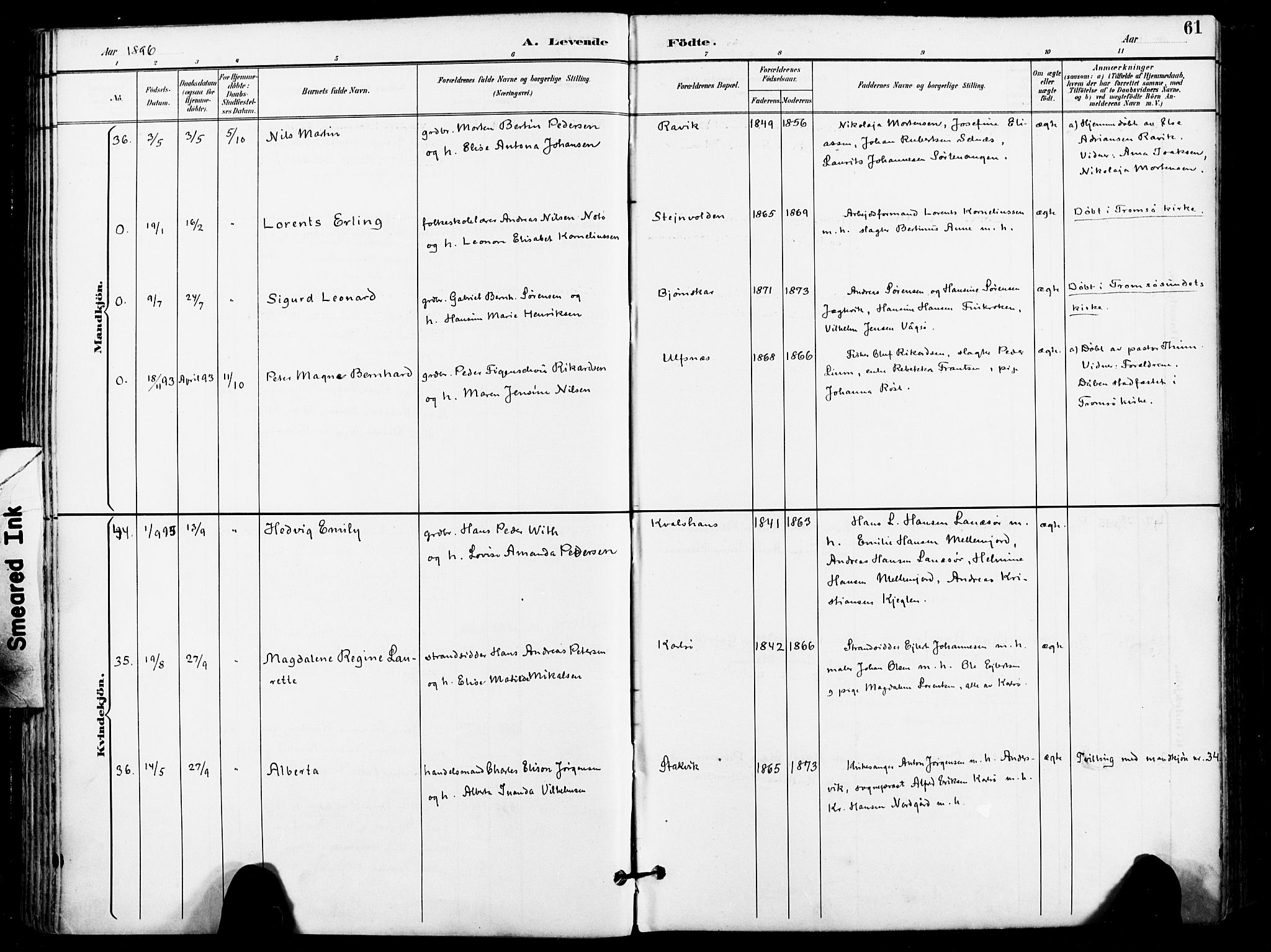 Karlsøy sokneprestembete, SATØ/S-1299/H/Ha/Haa/L0007kirke: Parish register (official) no. 7, 1891-1902, p. 61