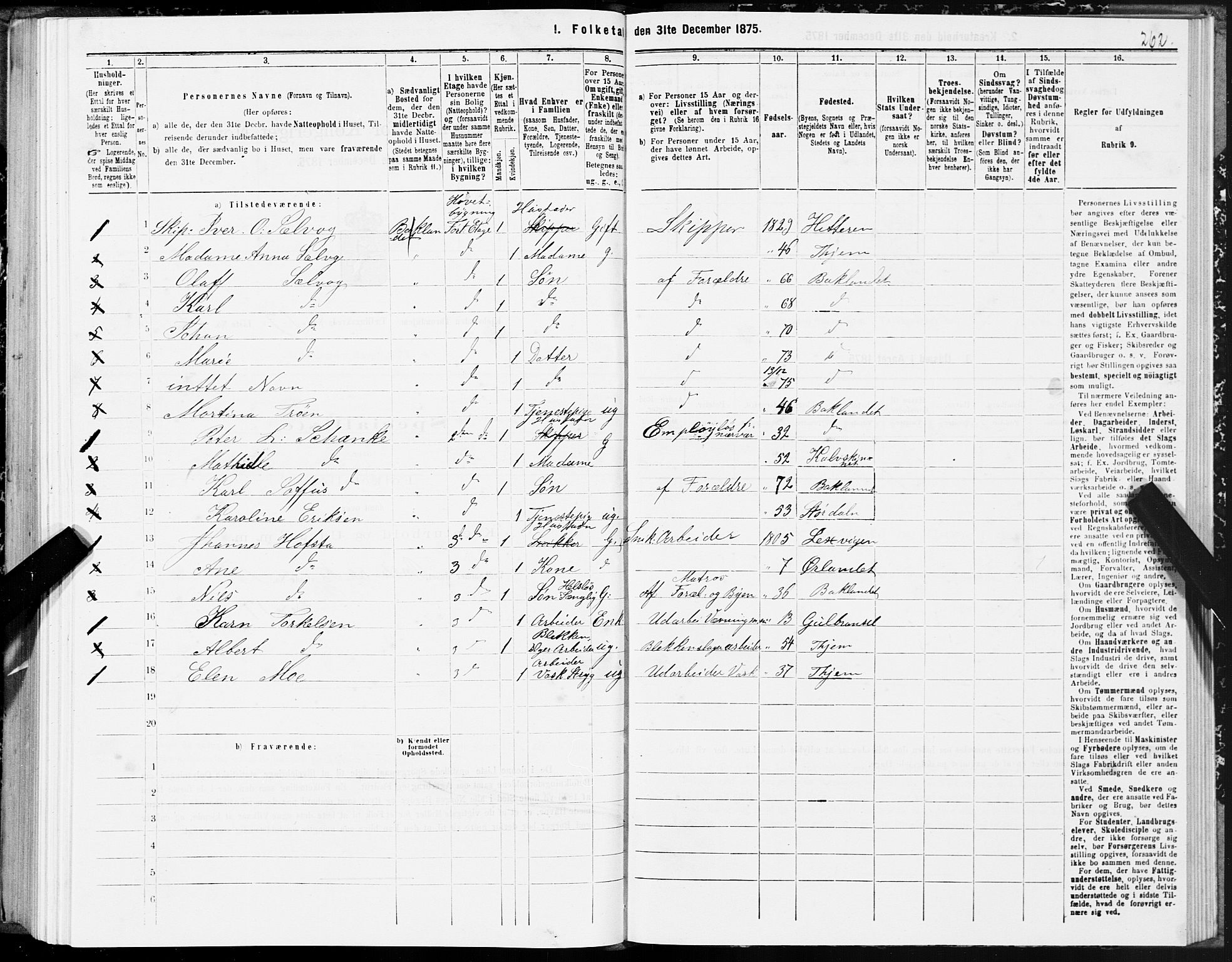 SAT, 1875 census for 1601 Trondheim, 1875, p. 9262