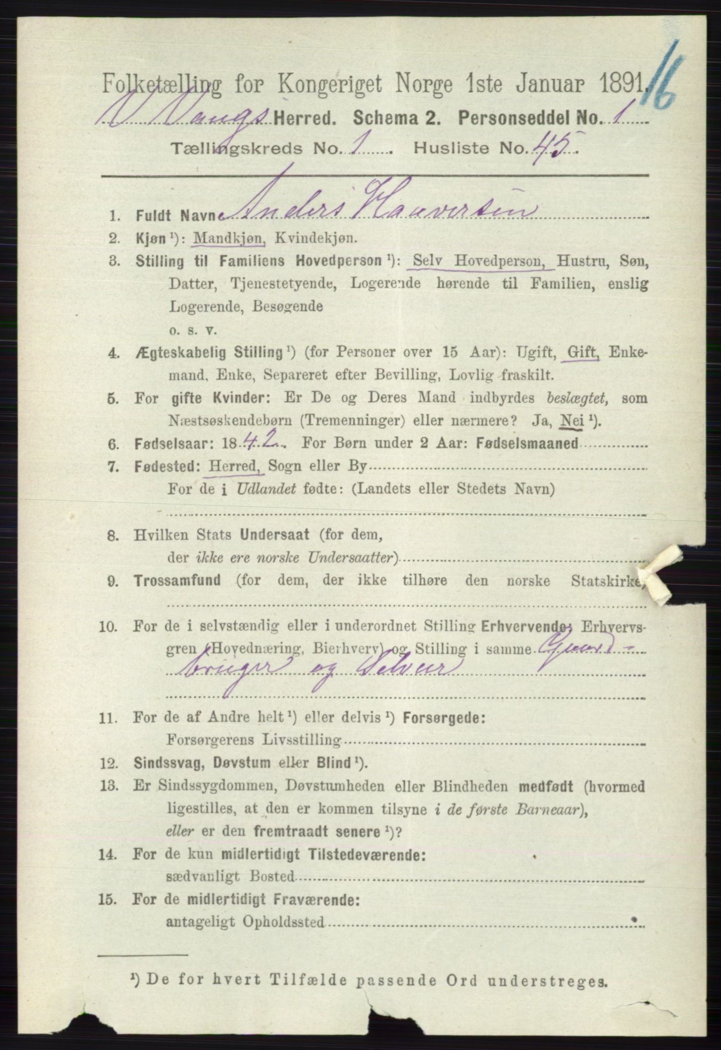 RA, 1891 census for 0545 Vang, 1891, p. 339