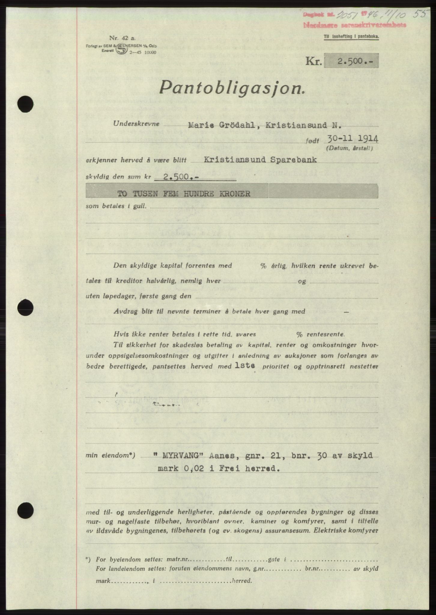 Nordmøre sorenskriveri, AV/SAT-A-4132/1/2/2Ca: Mortgage book no. B95, 1946-1947, Diary no: : 2051/1946