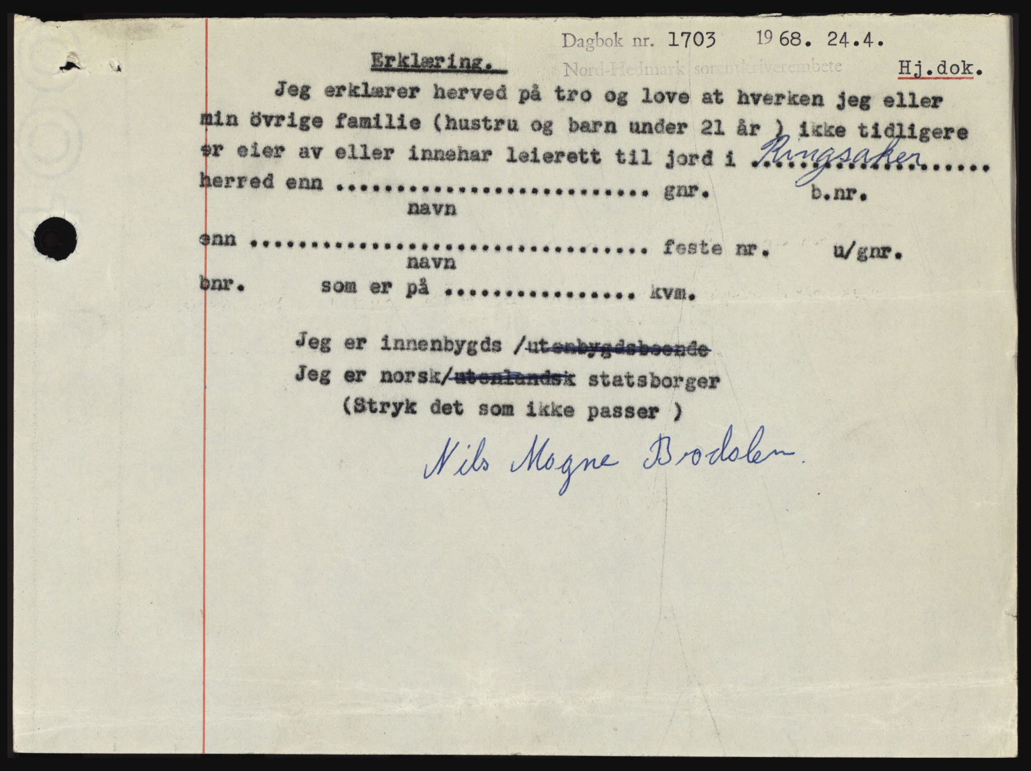 Nord-Hedmark sorenskriveri, SAH/TING-012/H/Hc/L0027: Mortgage book no. 27, 1967-1968, Diary no: : 1703/1968