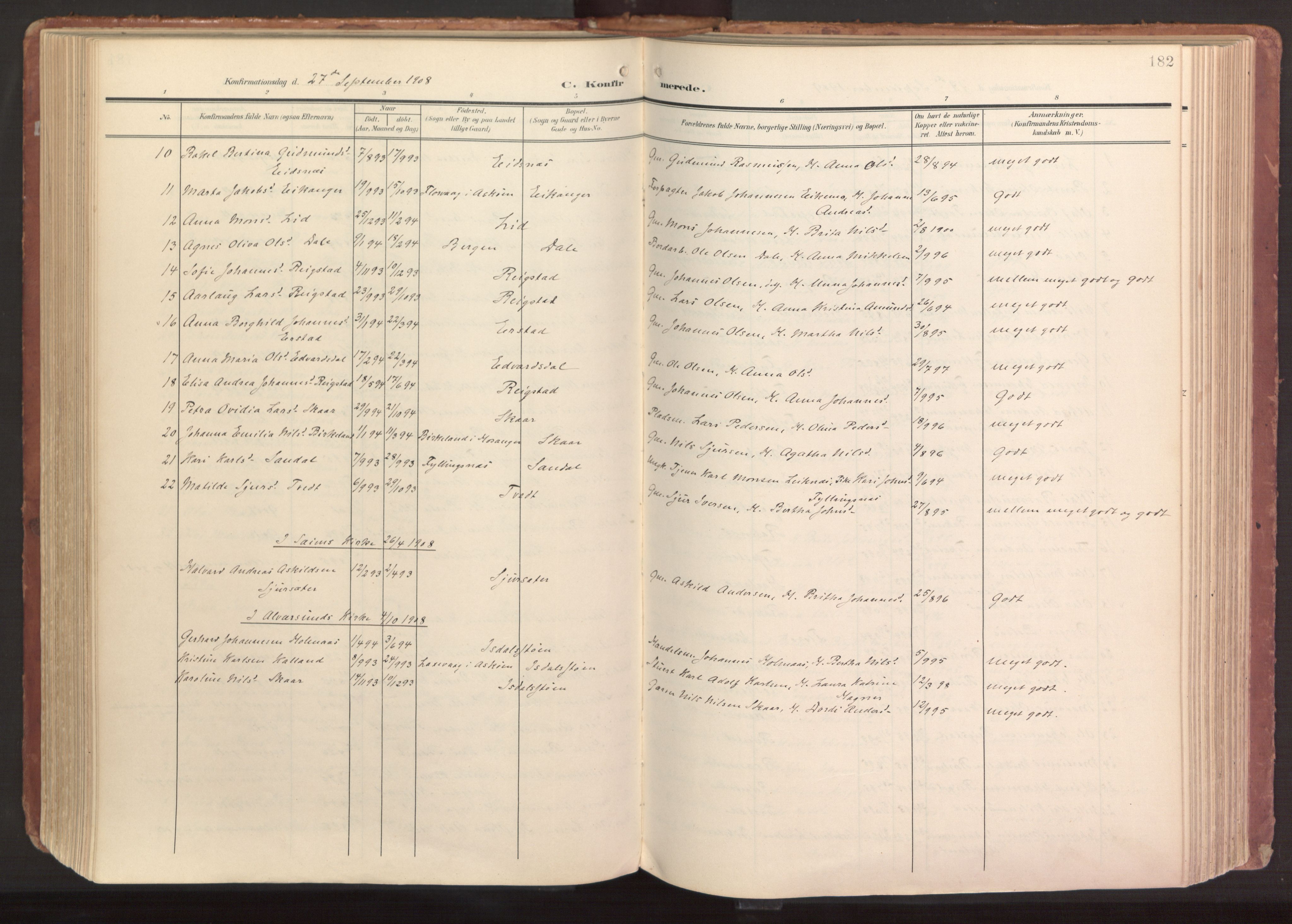 Hamre sokneprestembete, SAB/A-75501/H/Ha/Haa/Haab/L0002: Parish register (official) no. B 2, 1905-1924, p. 182