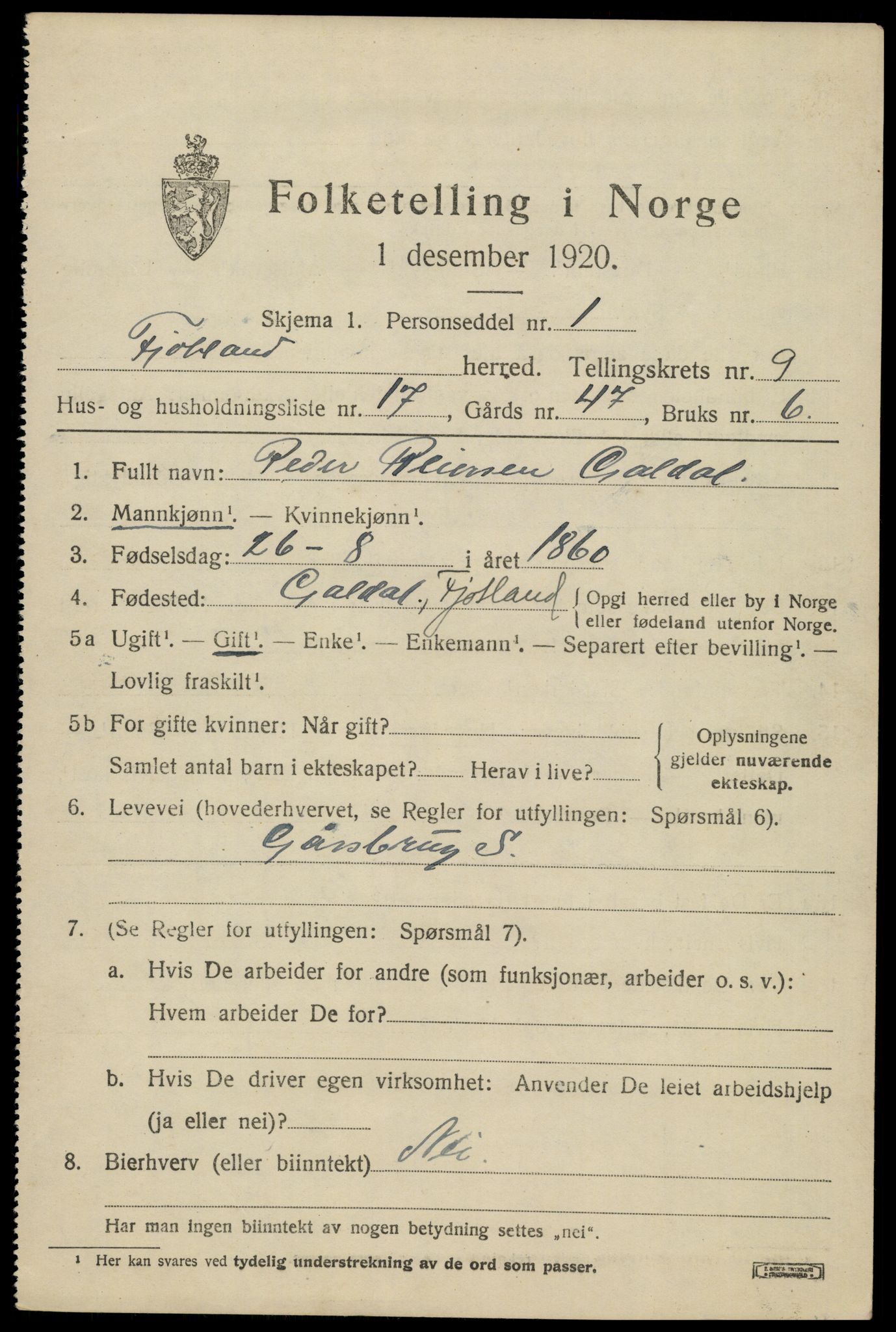 SAK, 1920 census for Fjotland, 1920, p. 2402
