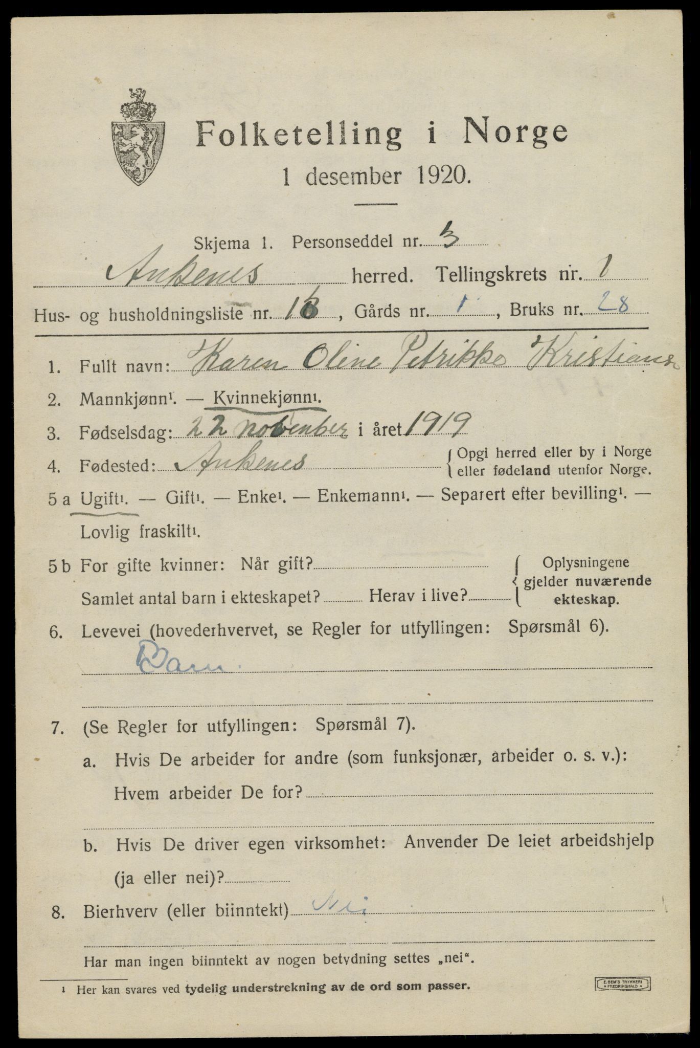 SAT, 1920 census for Ankenes, 1920, p. 1347