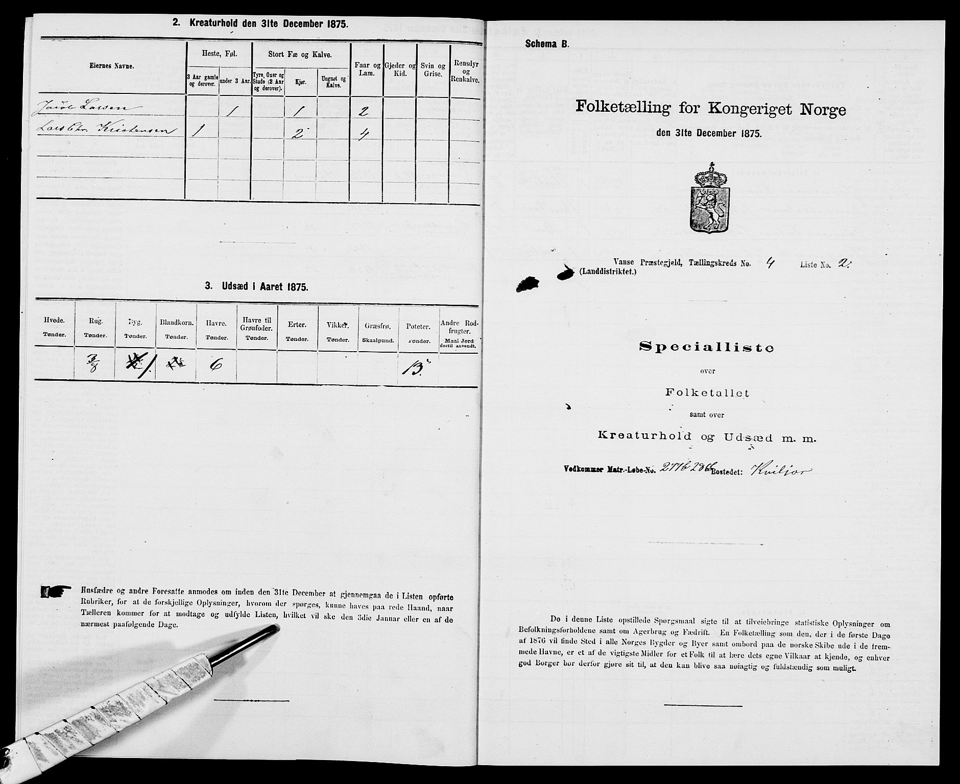 SAK, 1875 census for 1041L Vanse/Vanse og Farsund, 1875, p. 694