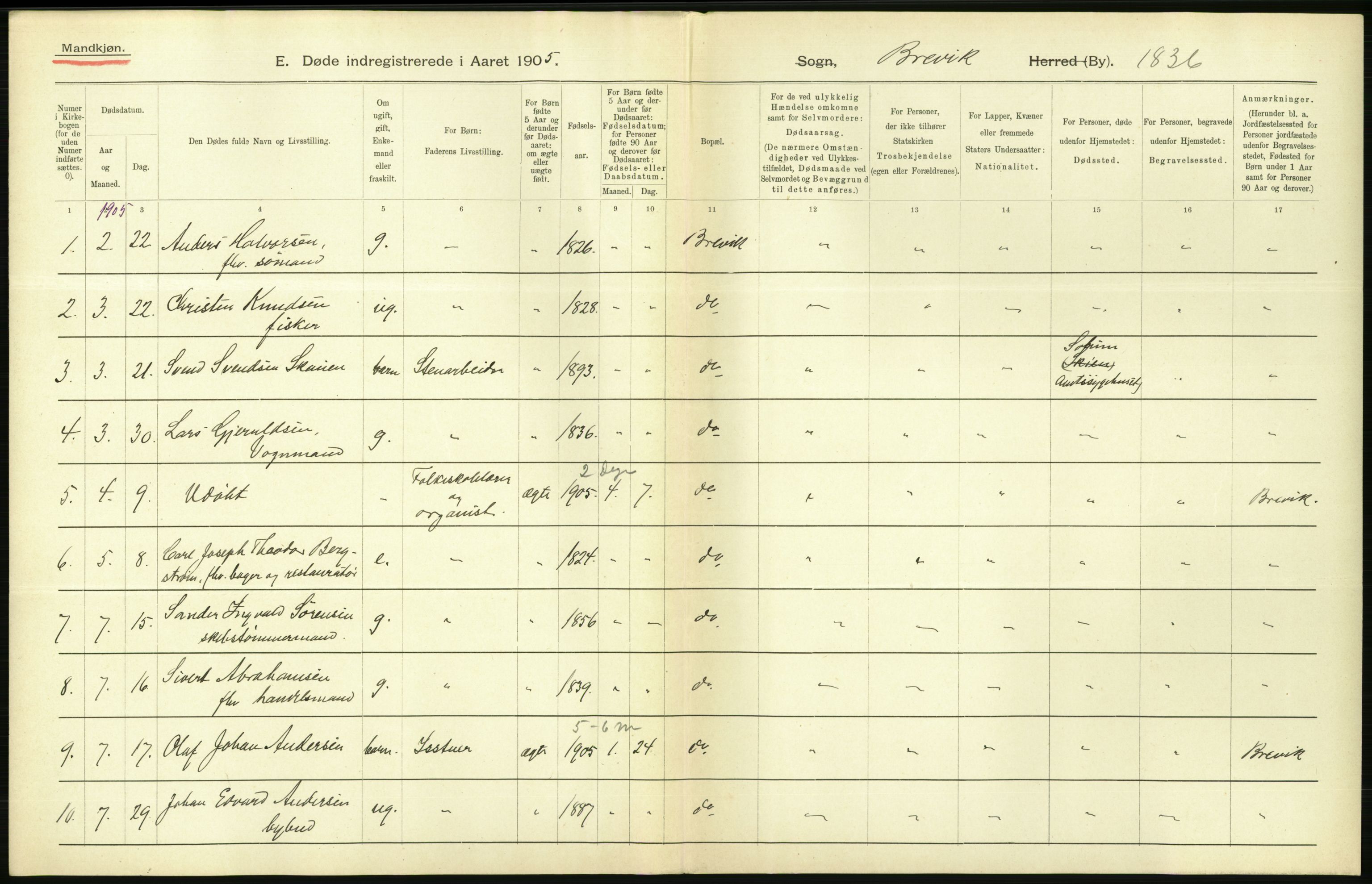 Statistisk sentralbyrå, Sosiodemografiske emner, Befolkning, AV/RA-S-2228/D/Df/Dfa/Dfac/L0043: Bratsberg - Lister og Mandals amt: Levendefødte menn og kvinner, gifte, døde, dødfødte. Byer., 1905, p. 238