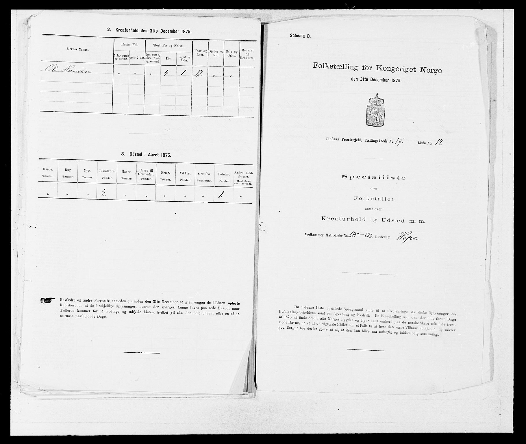 SAB, 1875 census for 1263P Lindås, 1875, p. 1890