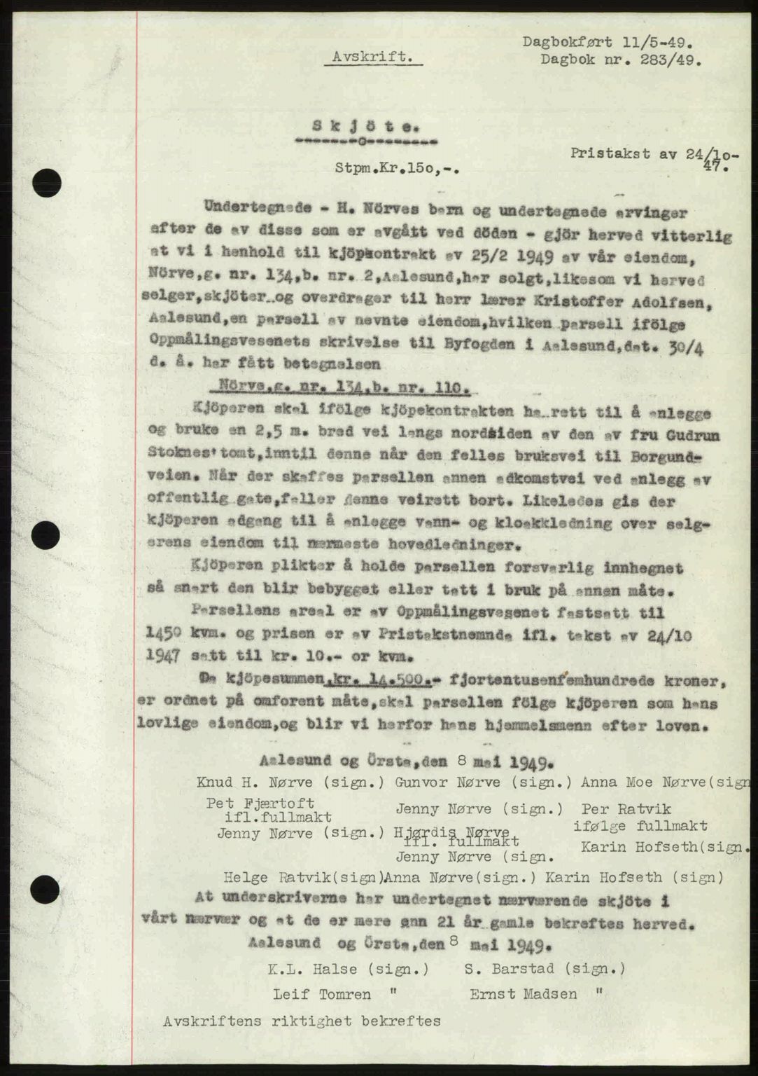 Ålesund byfogd, AV/SAT-A-4384: Mortgage book no. 37A (1), 1947-1949, Diary no: : 283/1949