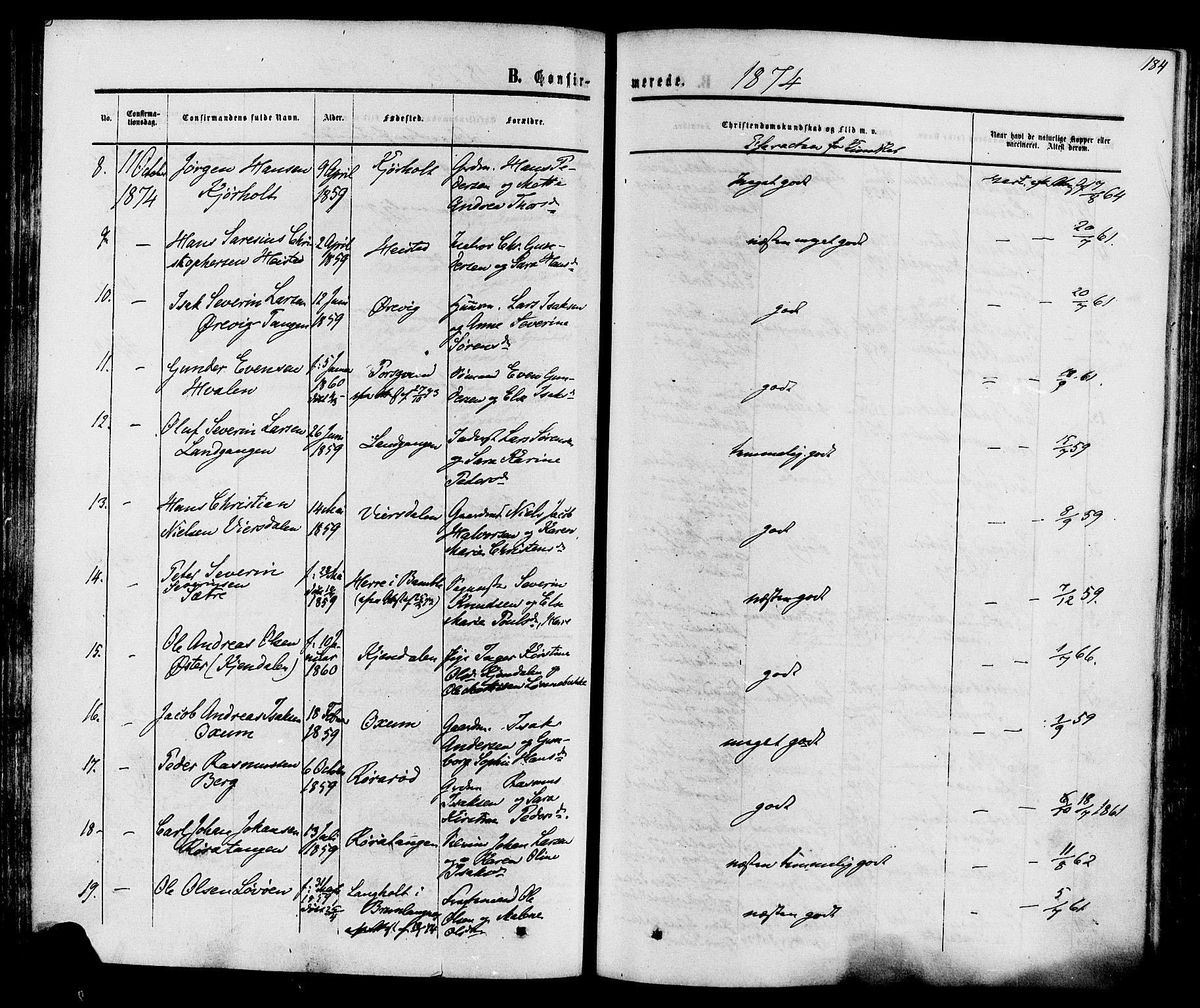Eidanger kirkebøker, SAKO/A-261/F/Fa/L0010: Parish register (official) no. 10, 1859-1874, p. 184