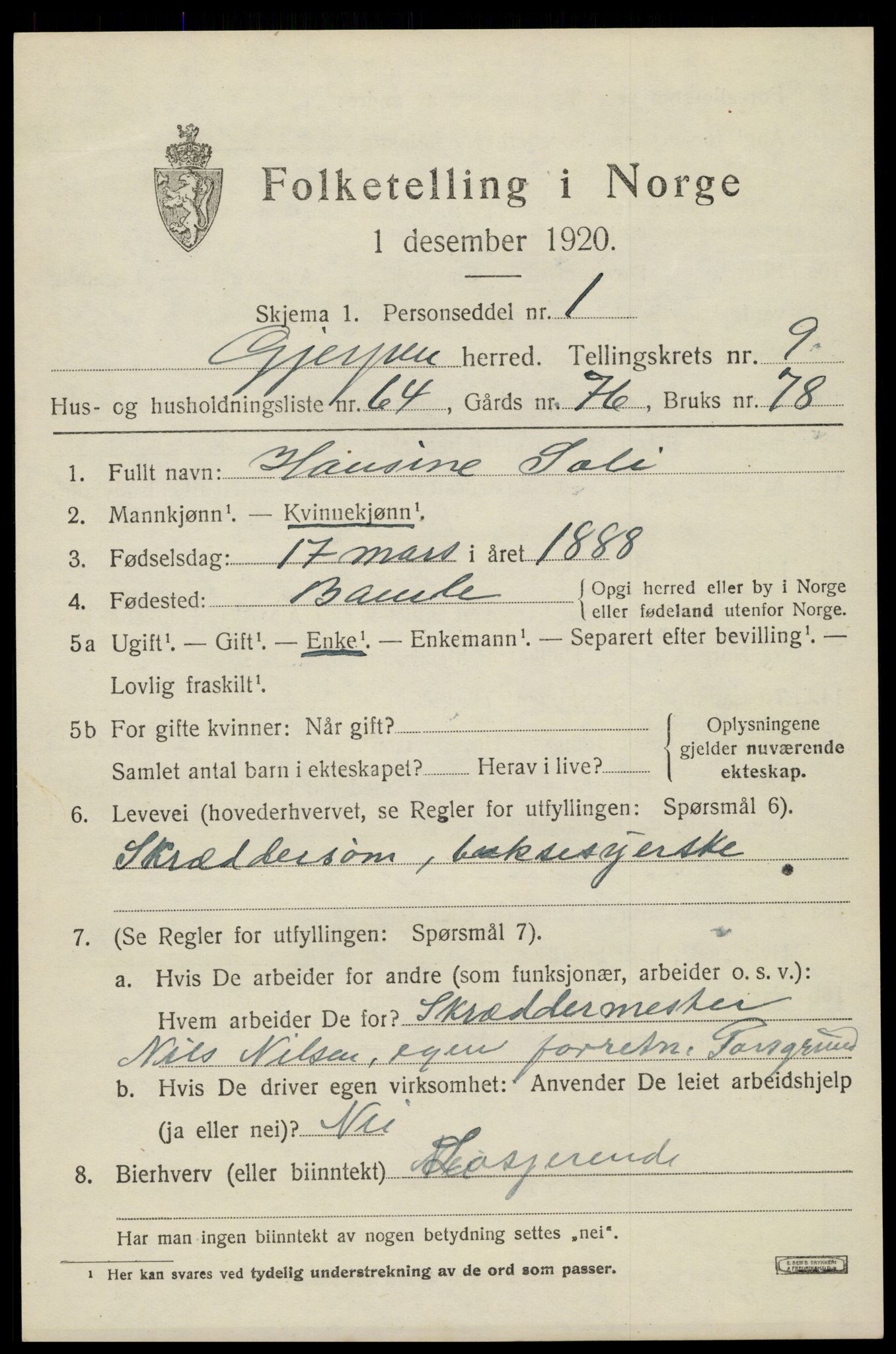 SAKO, 1920 census for Gjerpen, 1920, p. 11478