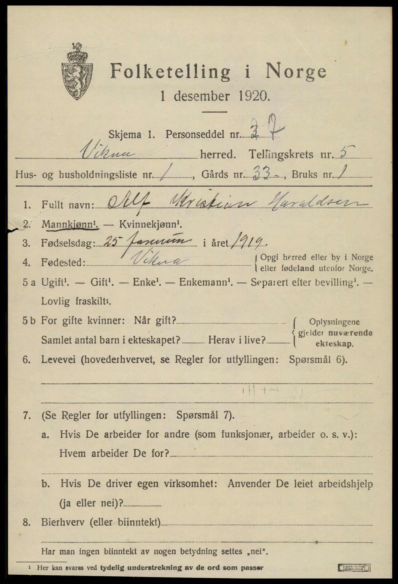 SAT, 1920 census for Vikna, 1920, p. 4631