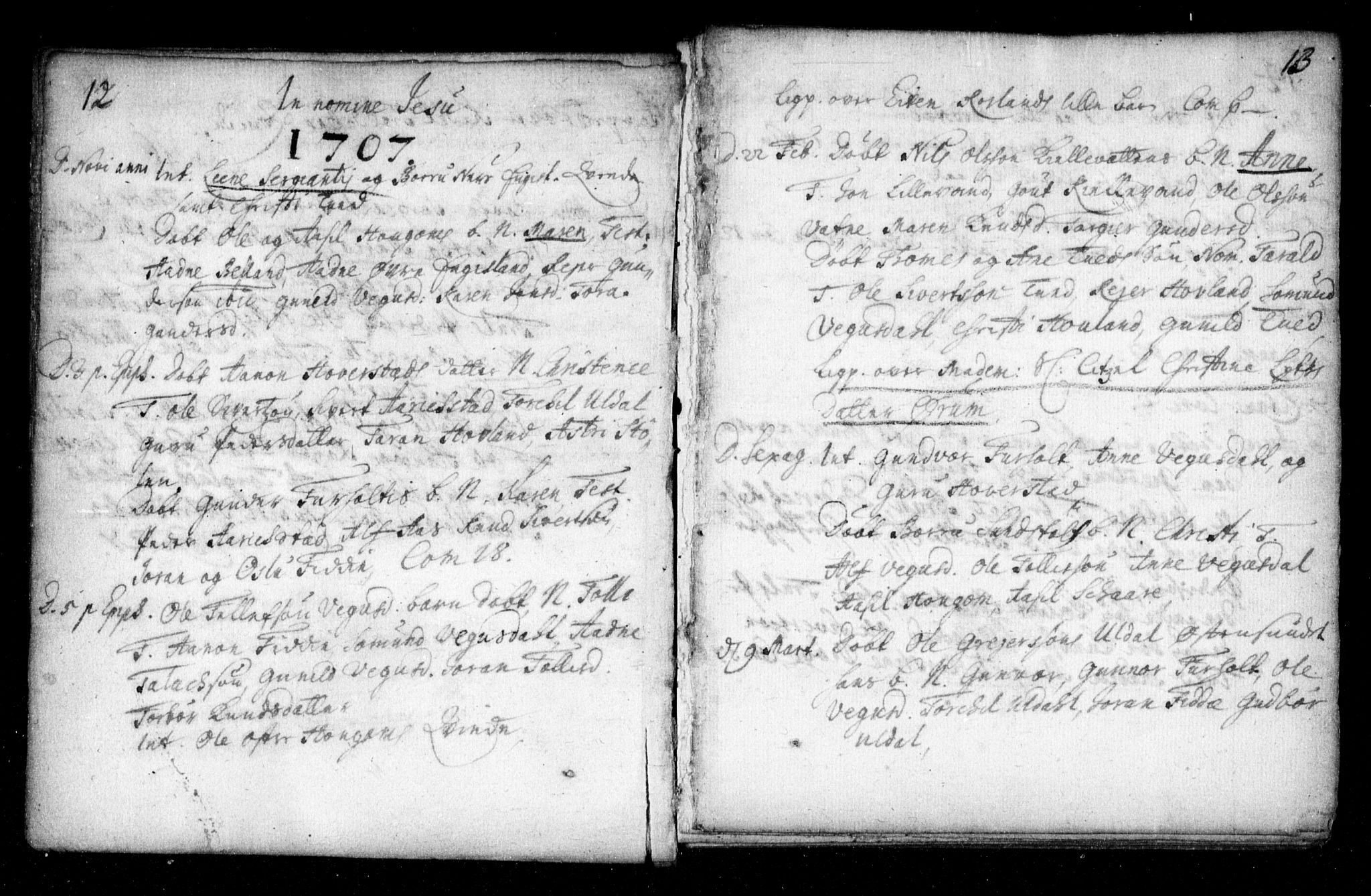Herefoss sokneprestkontor, SAK/1111-0019/F/Fa/Fab/L0001: Parish register (official) no. A 1, 1704-1779, p. 12-13