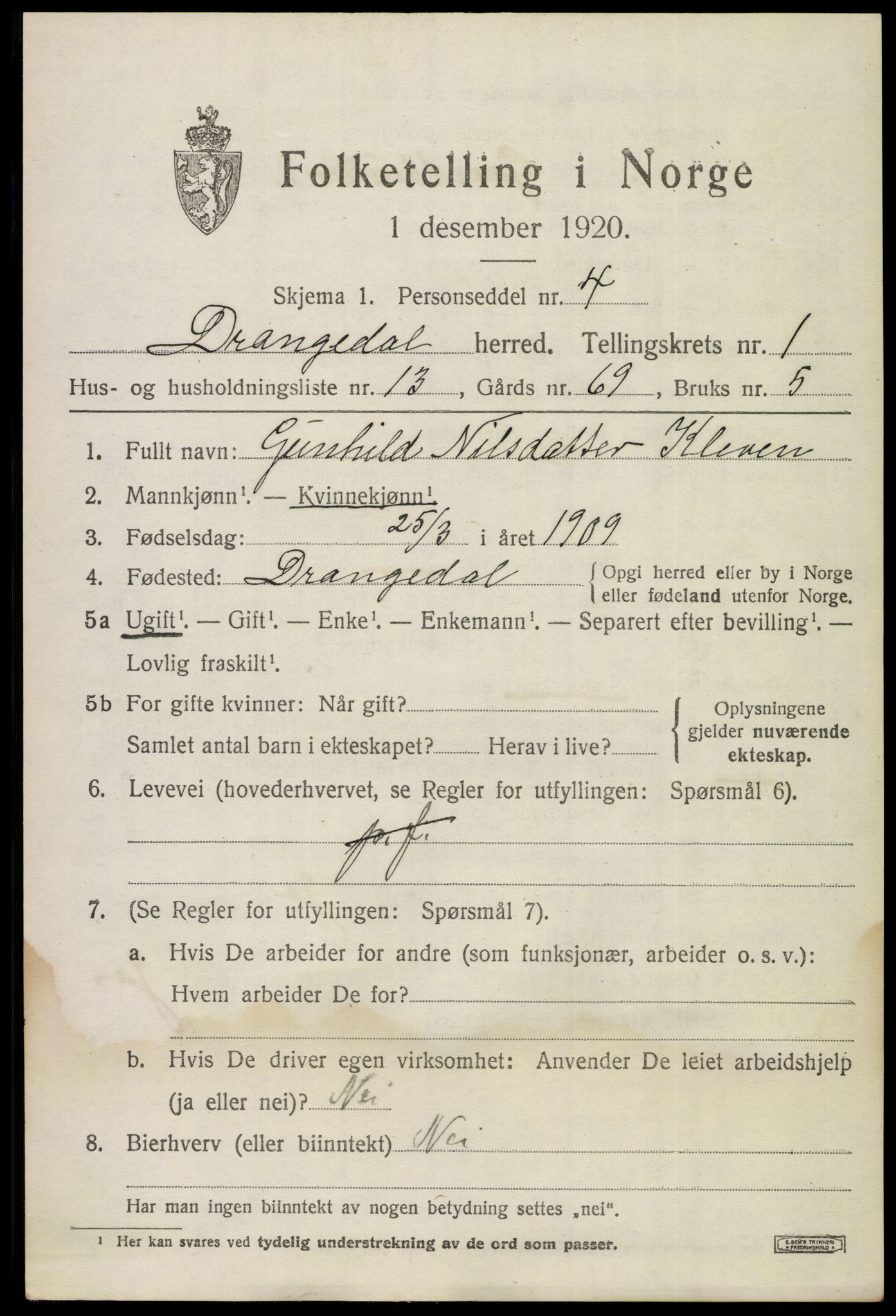 SAKO, 1920 census for Drangedal, 1920, p. 1807