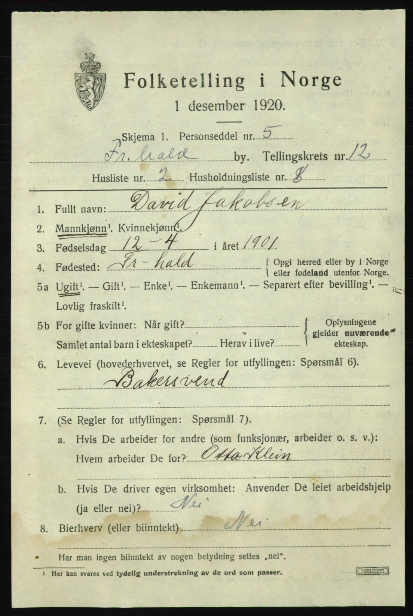 SAO, 1920 census for Fredrikshald, 1920, p. 19907