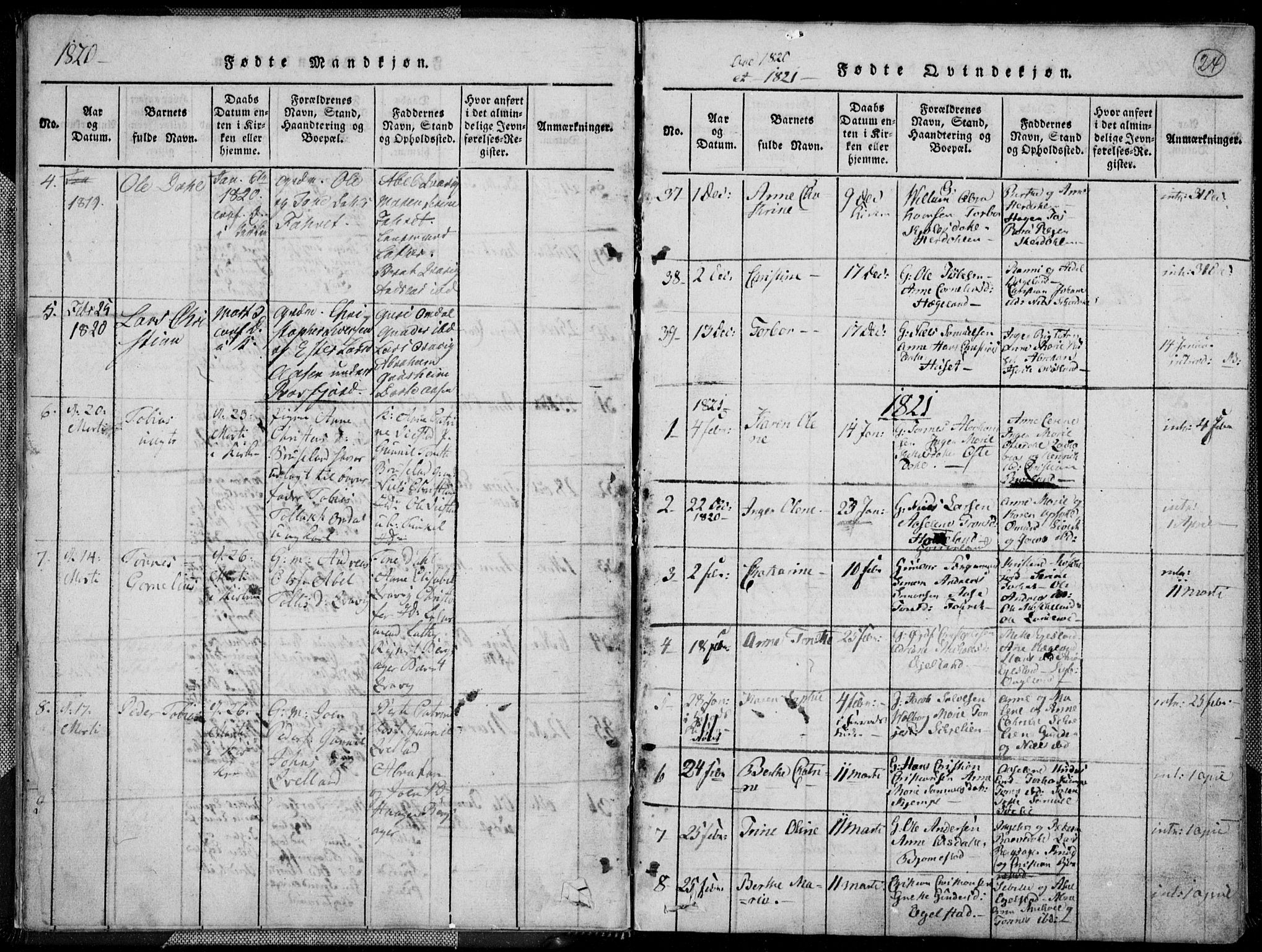 Lyngdal sokneprestkontor, SAK/1111-0029/F/Fa/Fac/L0006: Parish register (official) no. A 6, 1815-1825, p. 24