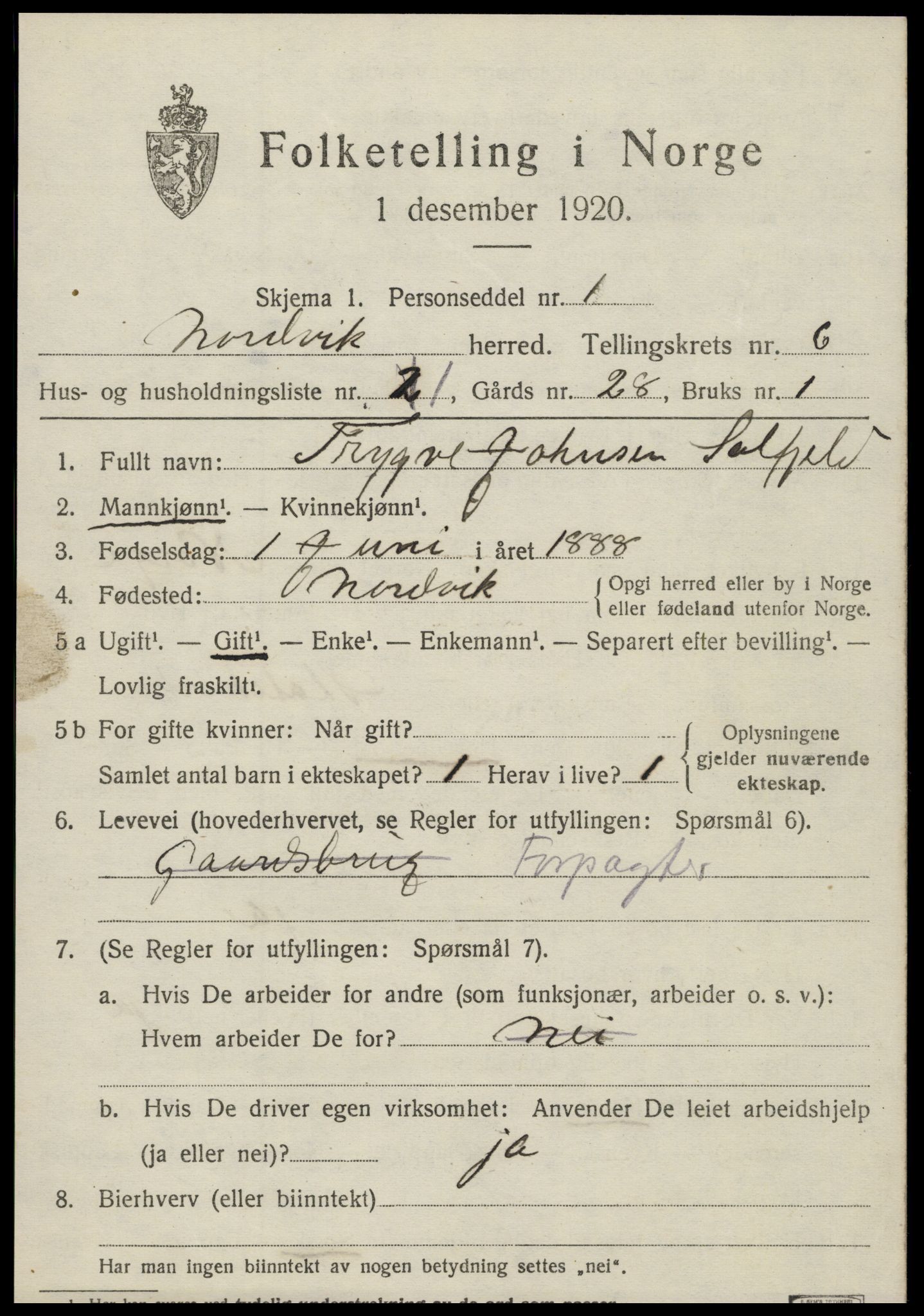 SAT, 1920 census for Nordvik, 1920, p. 2218