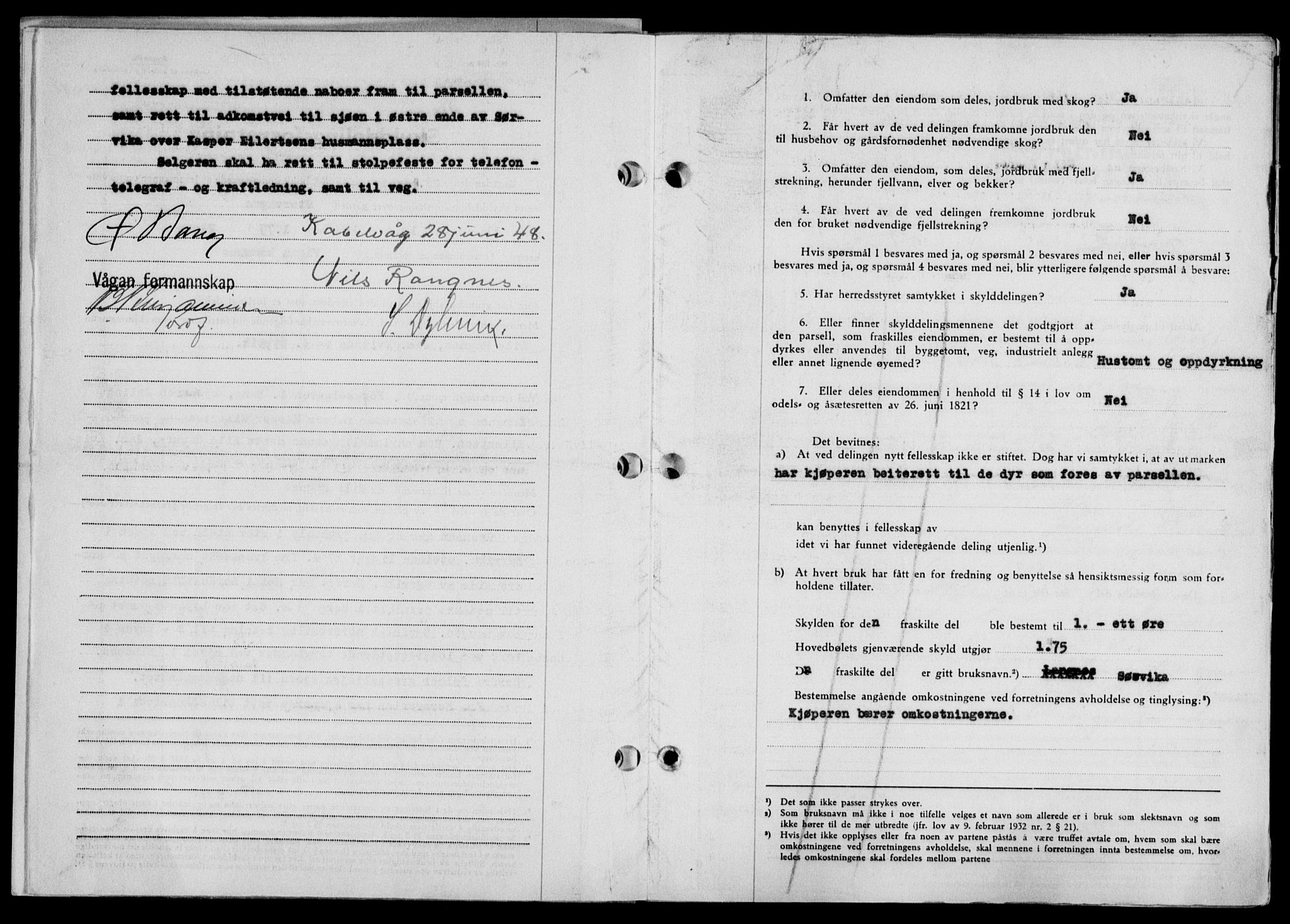 Lofoten sorenskriveri, SAT/A-0017/1/2/2C/L0018a: Mortgage book no. 18a, 1948-1948, Diary no: : 1415/1948