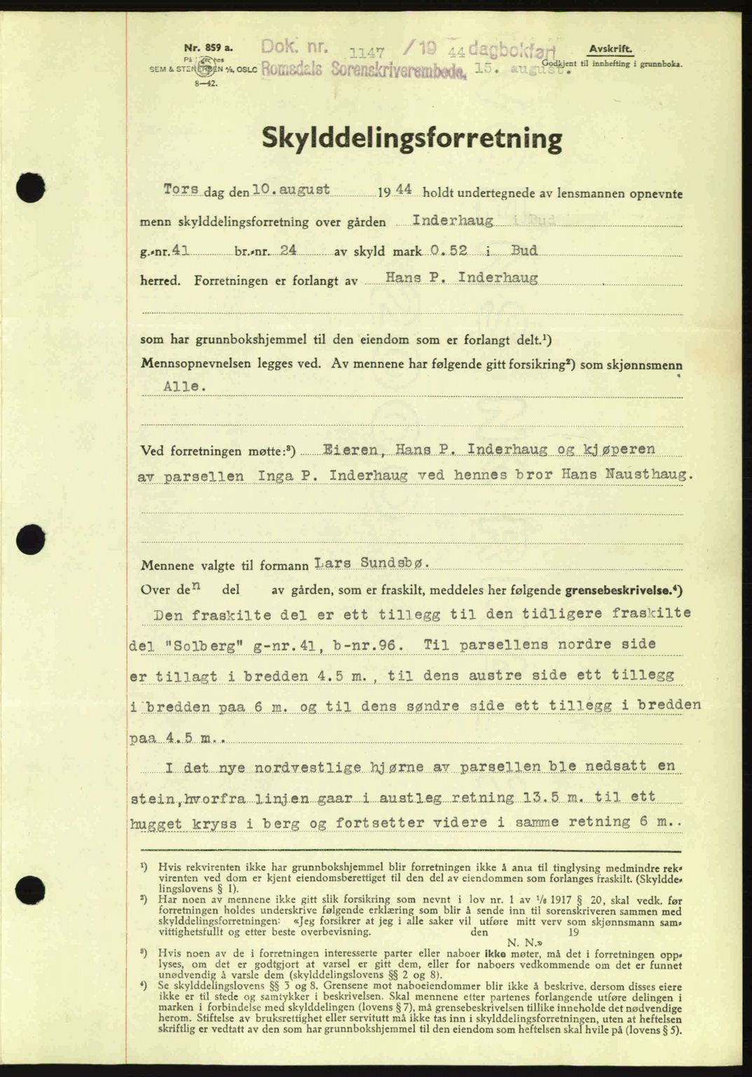 Romsdal sorenskriveri, SAT/A-4149/1/2/2C: Mortgage book no. A16, 1944-1944, Diary no: : 1147/1944