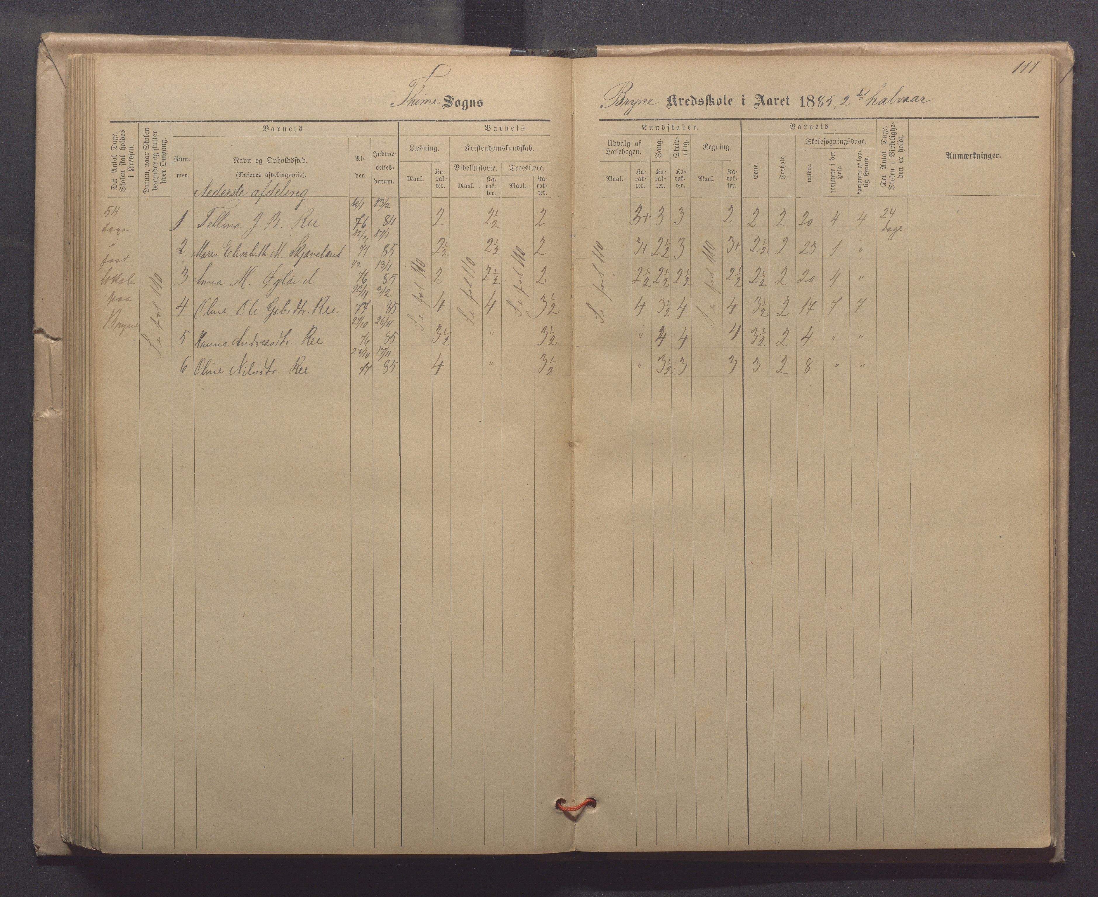 Time kommune - Line/Hognestad skole, IKAR/K-100802/H/L0003: Skoleprotokoll, 1879-1890, p. 111