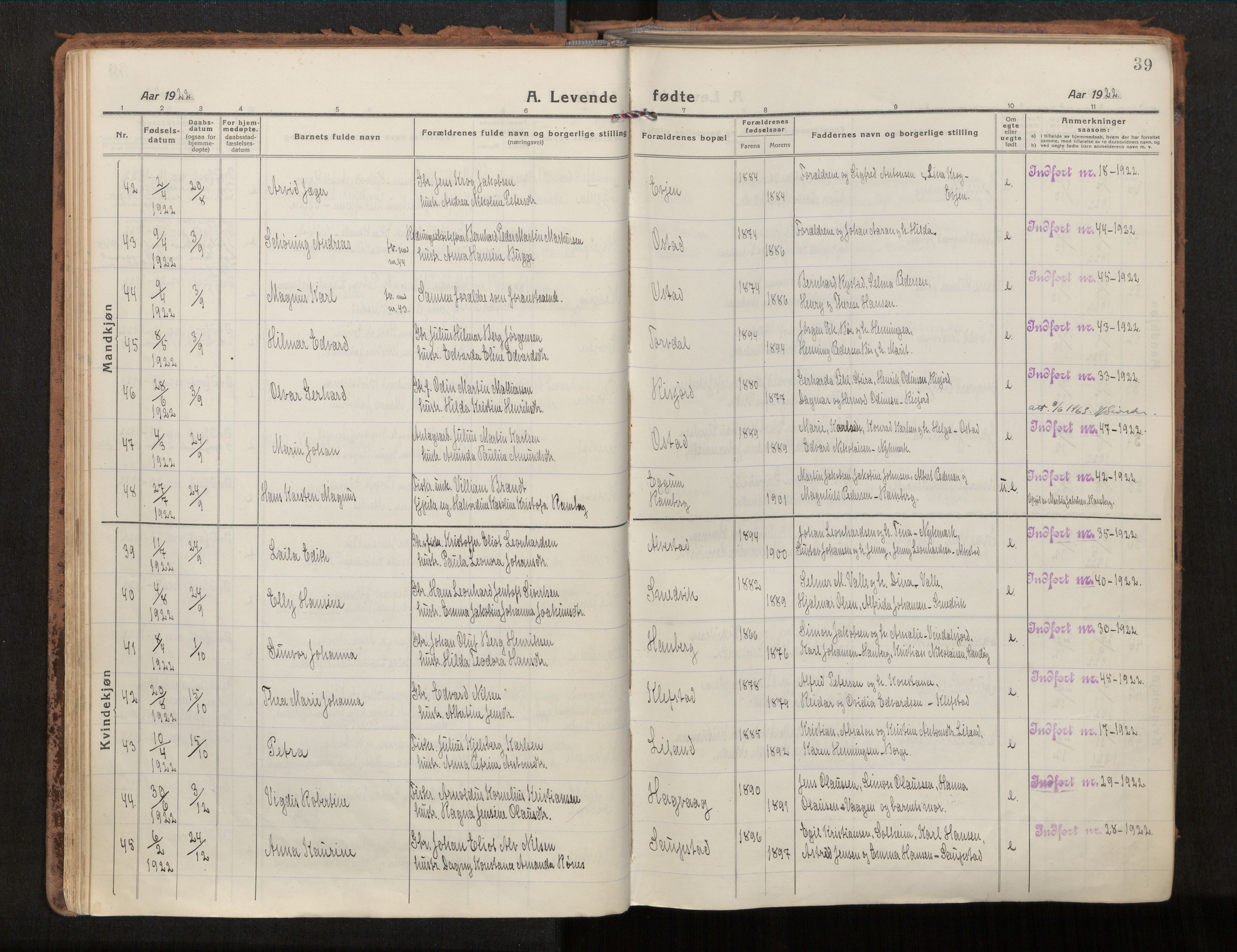 Ministerialprotokoller, klokkerbøker og fødselsregistre - Nordland, AV/SAT-A-1459/880/L1136: Parish register (official) no. 880A10, 1919-1927, p. 39