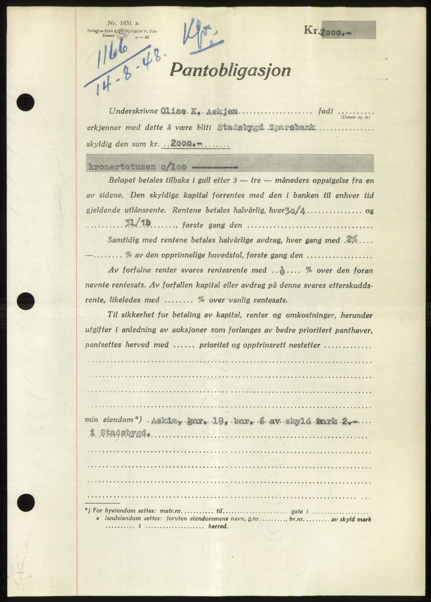 Fosen sorenskriveri, AV/SAT-A-1107/1/2/2C: Mortgage book no. B, 1948-1950, Diary no: : 1166/1948