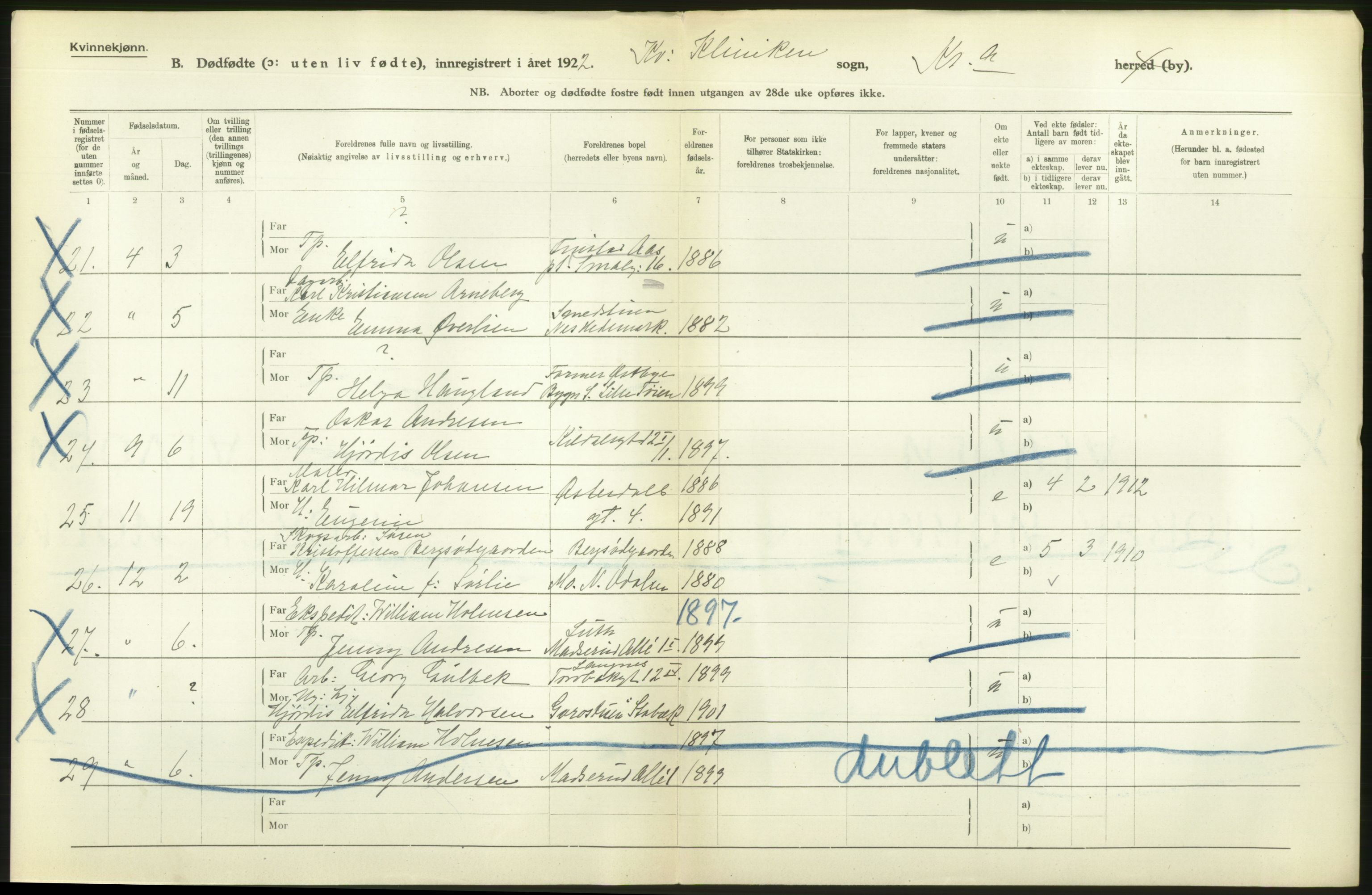 Statistisk sentralbyrå, Sosiodemografiske emner, Befolkning, AV/RA-S-2228/D/Df/Dfc/Dfcb/L0010: Kristiania: Døde, dødfødte, 1922, p. 78