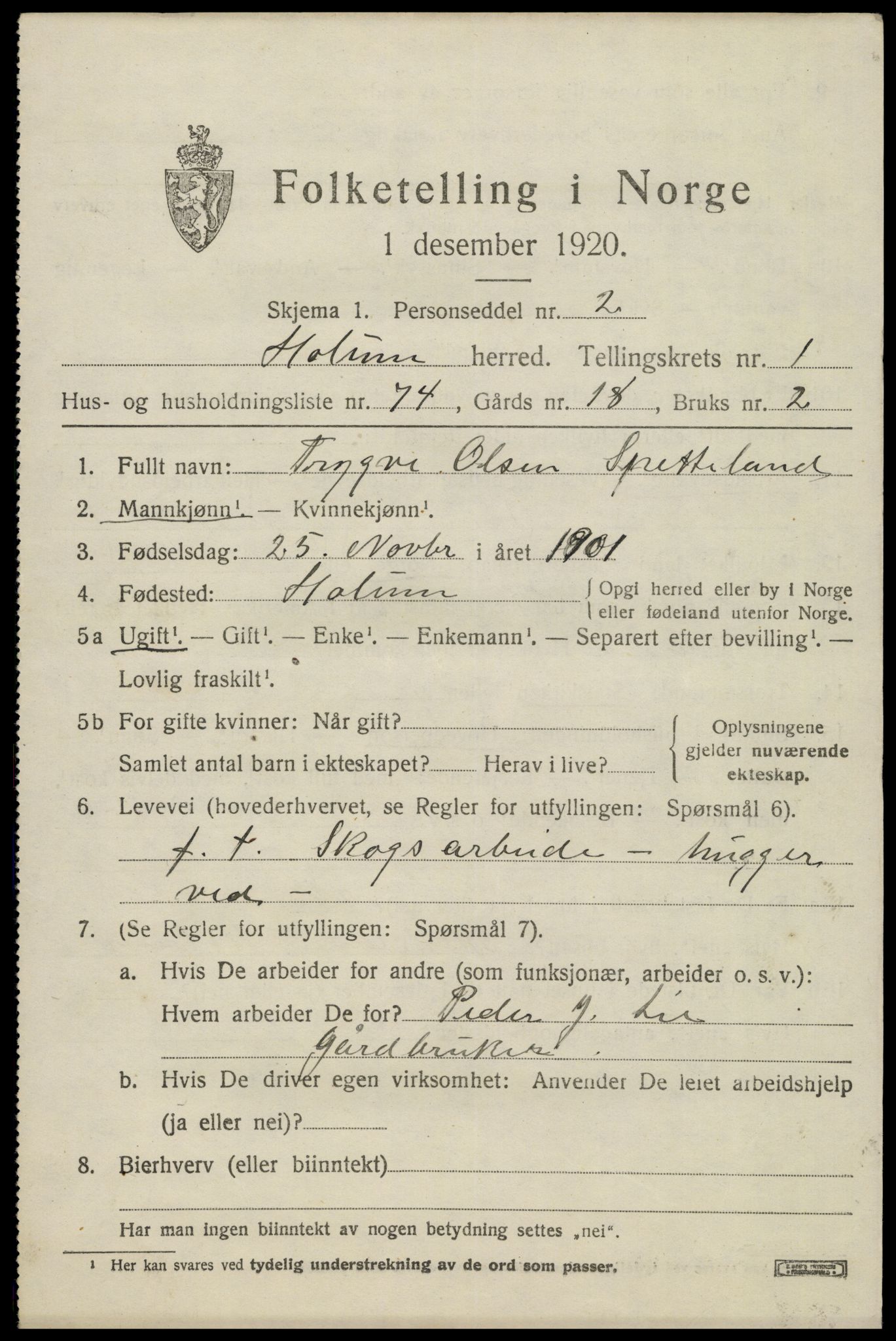 SAK, 1920 census for Holum, 1920, p. 1281