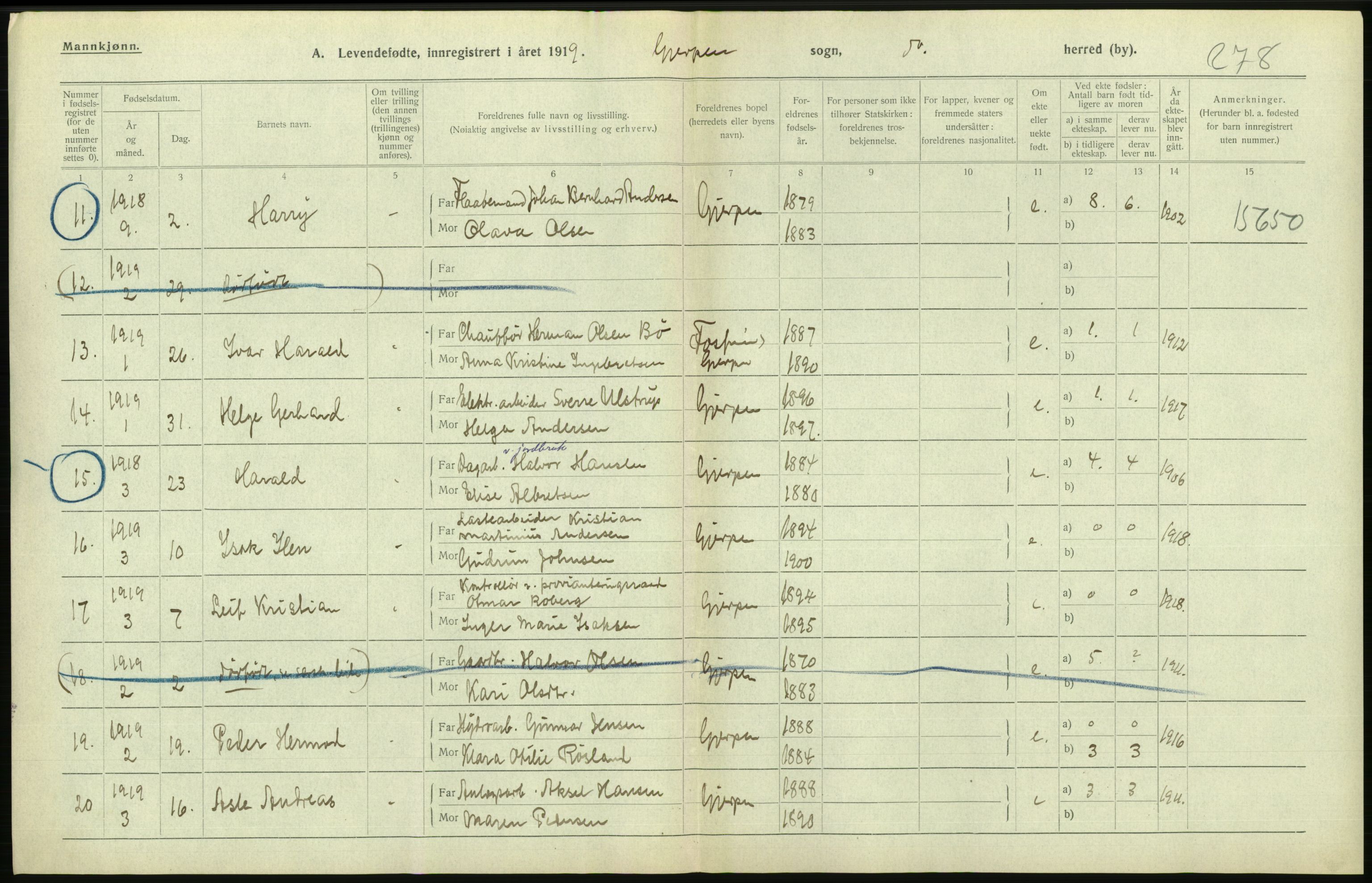 Statistisk sentralbyrå, Sosiodemografiske emner, Befolkning, RA/S-2228/D/Df/Dfb/Dfbi/L0021: Telemark fylke: Levendefødte menn og kvinner. Bygder., 1919, p. 444