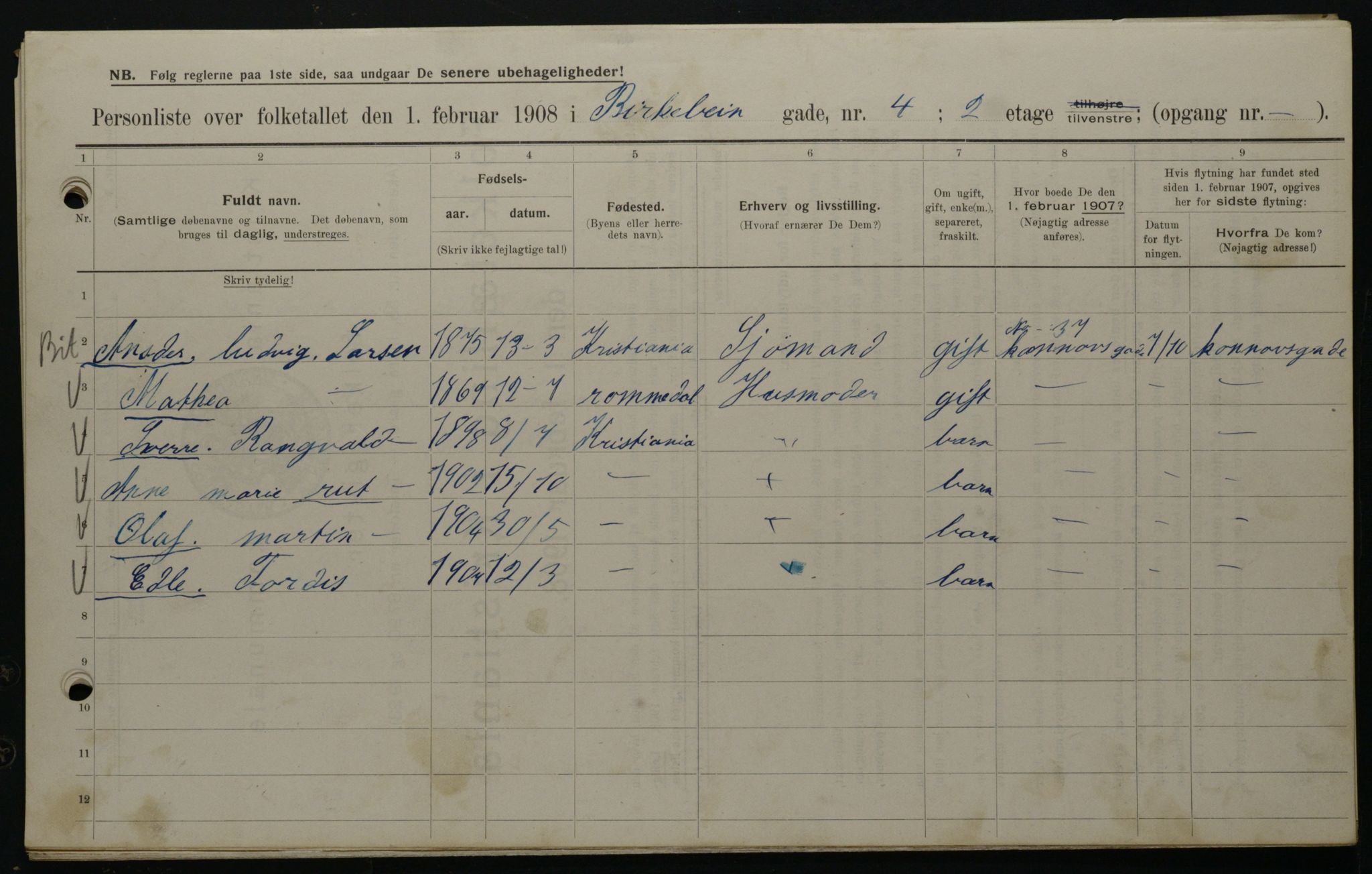 OBA, Municipal Census 1908 for Kristiania, 1908, p. 4848