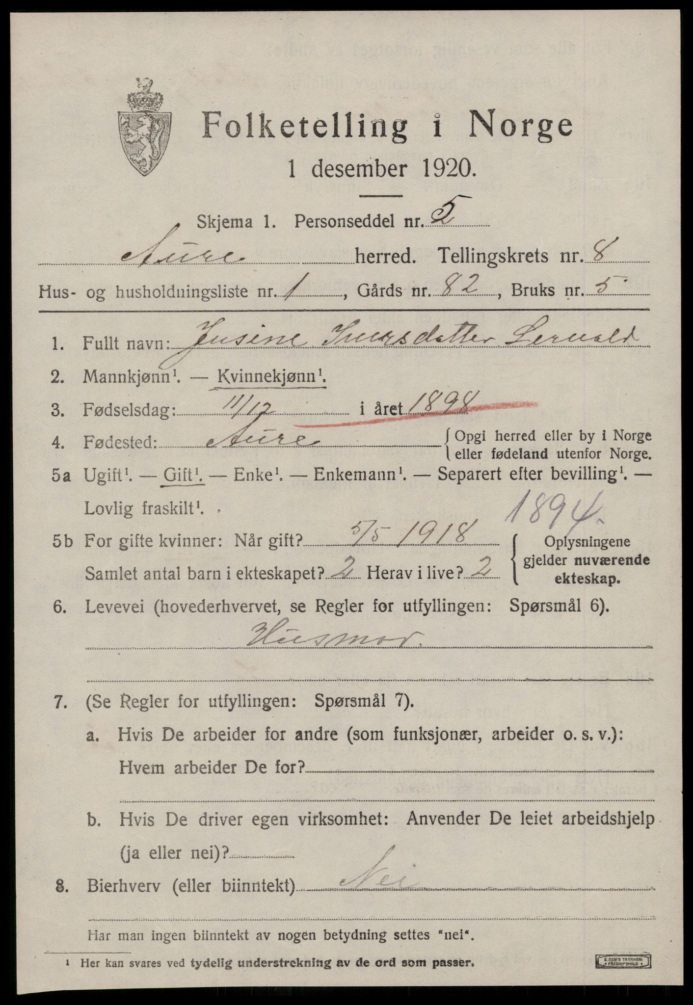 SAT, 1920 census for Aure, 1920, p. 3138