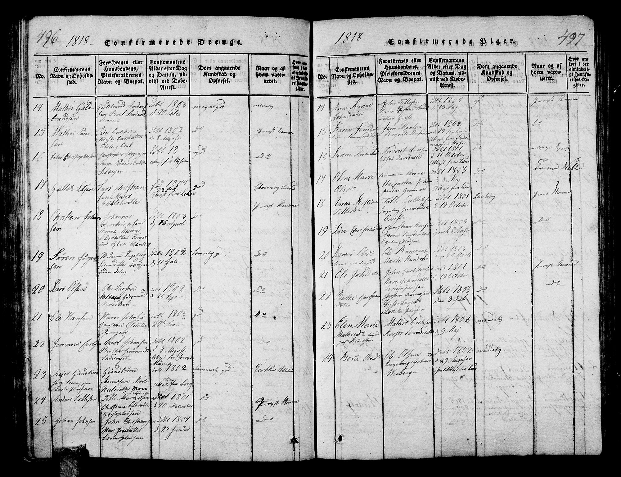 Sande Kirkebøker, SAKO/A-53/G/Ga/L0001: Parish register (copy) no. 1, 1814-1847, p. 496-497