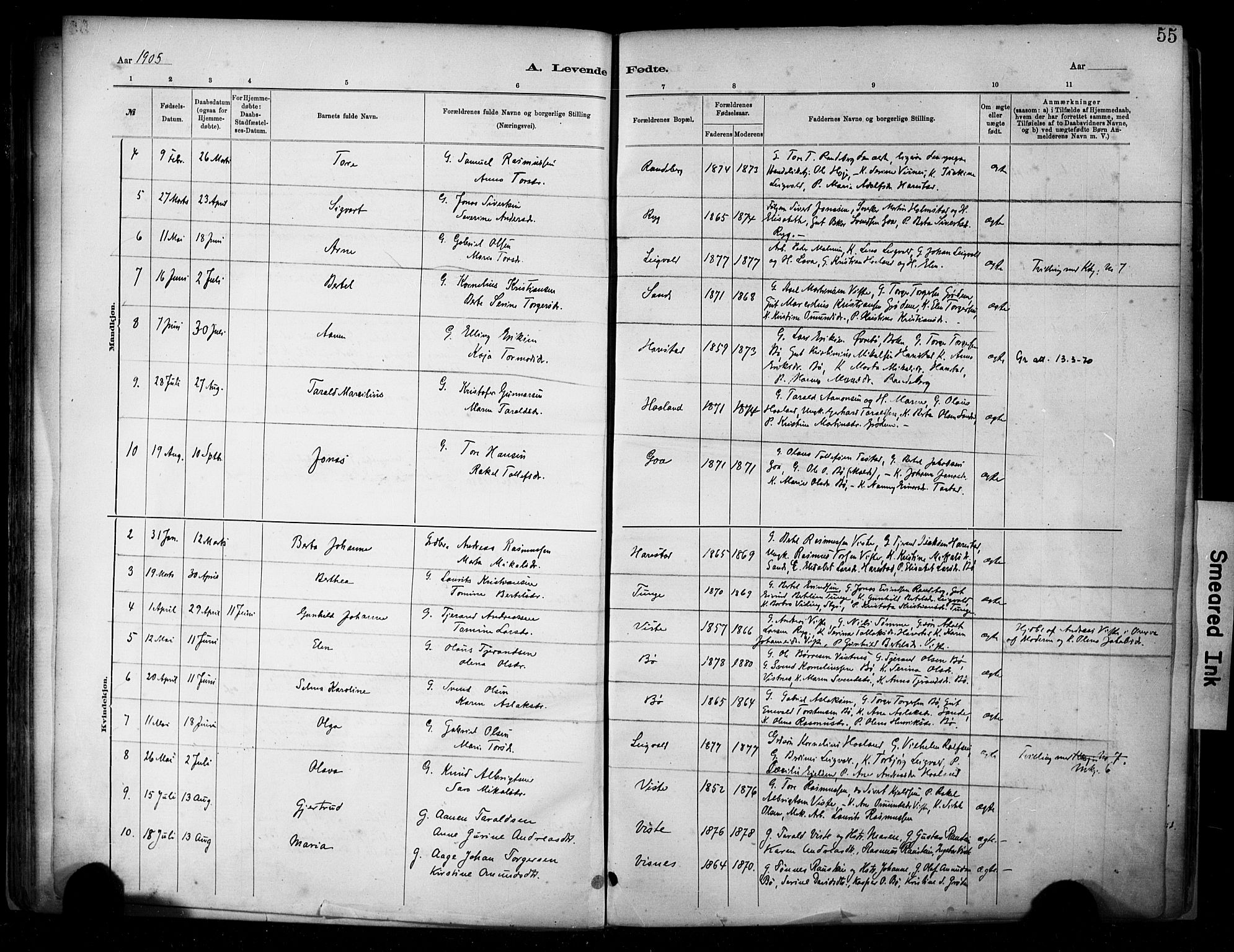 Hetland sokneprestkontor, SAST/A-101826/30/30BA/L0009: Parish register (official) no. A 9, 1882-1918, p. 55