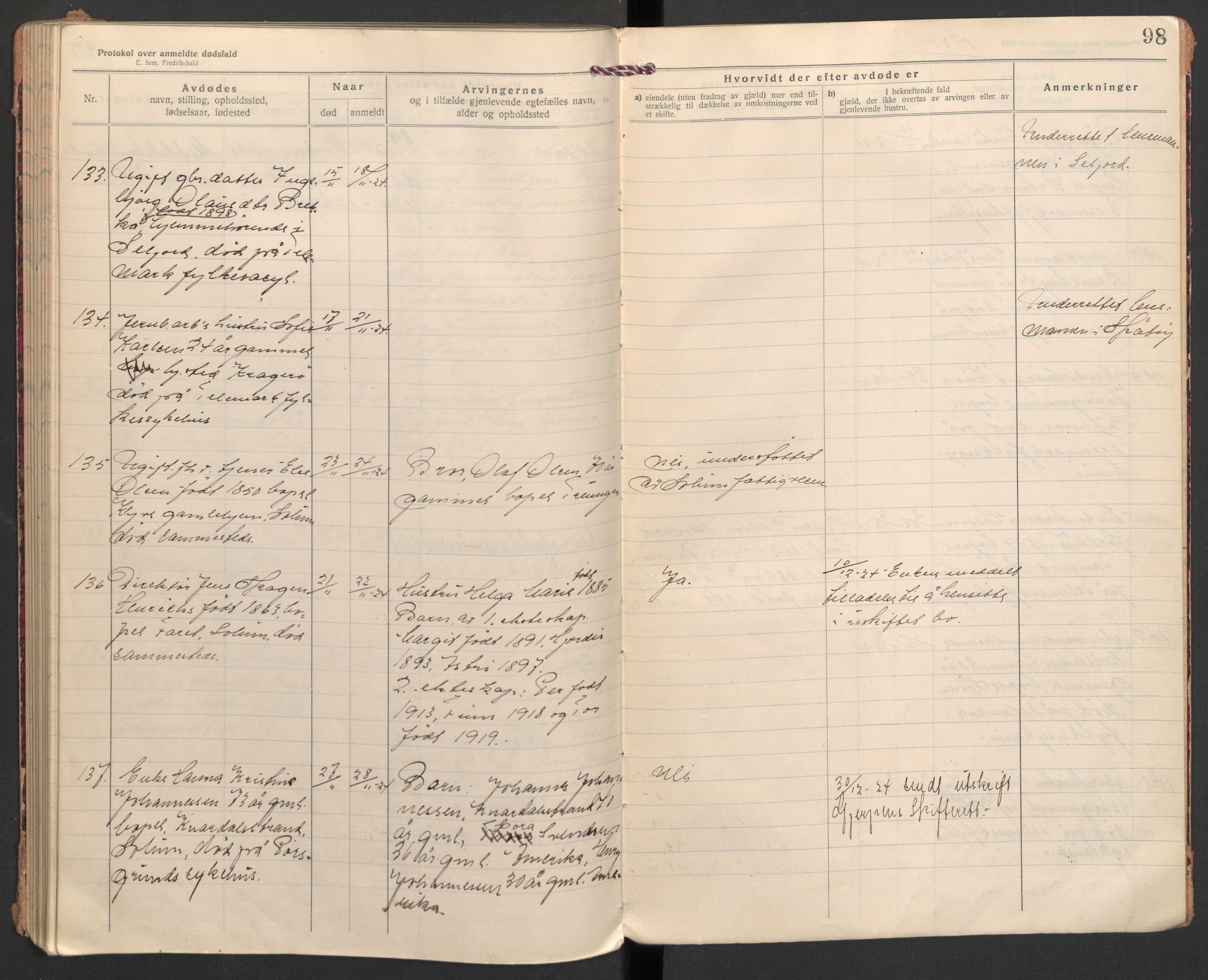Solum lensmannskontor, AV/SAKO-A-575/H/Ha/L0005: Dødsanmeldelsesprotokoll, 1921-1924, p. 98