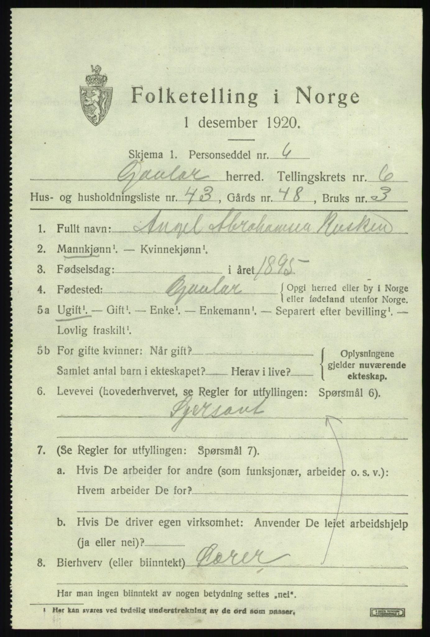 SAB, 1920 census for Gaular, 1920, p. 3432