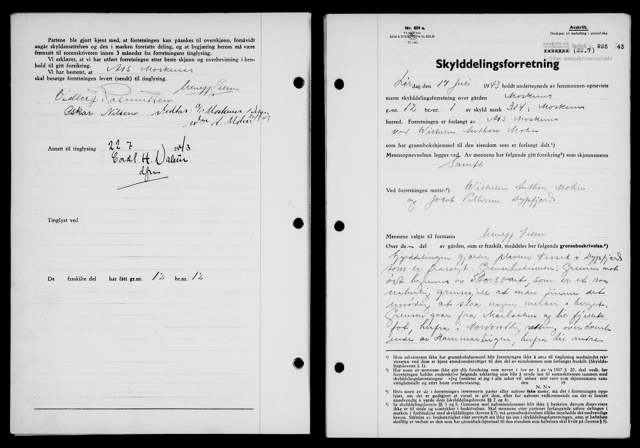 Lofoten sorenskriveri, SAT/A-0017/1/2/2C/L0011a: Mortgage book no. 11a, 1943-1943, Diary no: : 925/1943