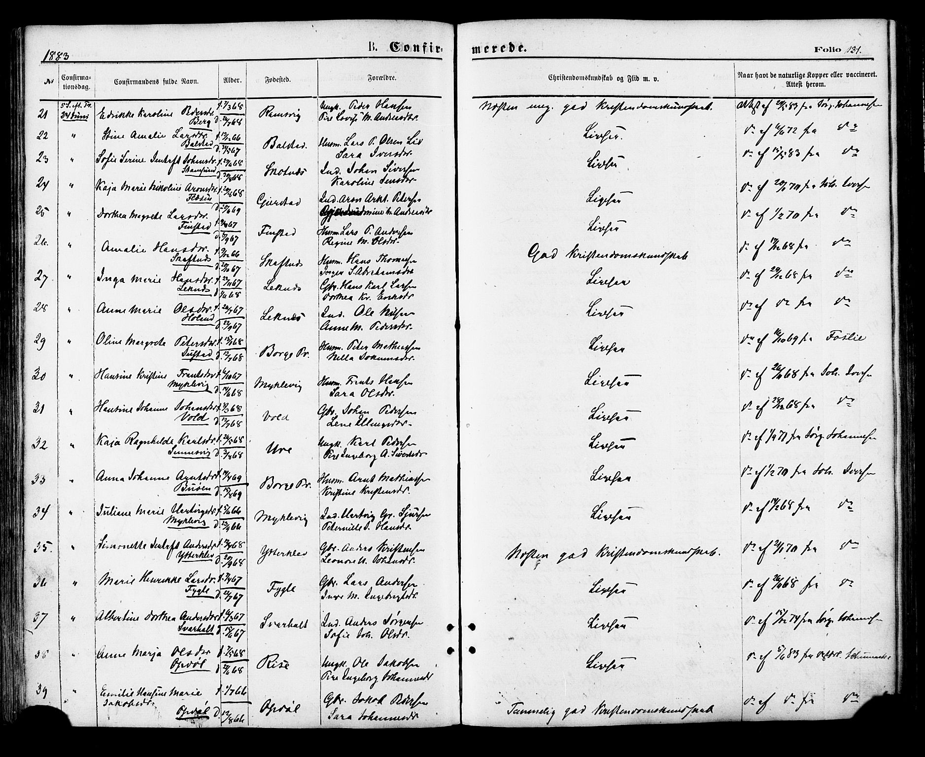 Ministerialprotokoller, klokkerbøker og fødselsregistre - Nordland, AV/SAT-A-1459/881/L1166: Parish register (copy) no. 881C03, 1876-1885, p. 131