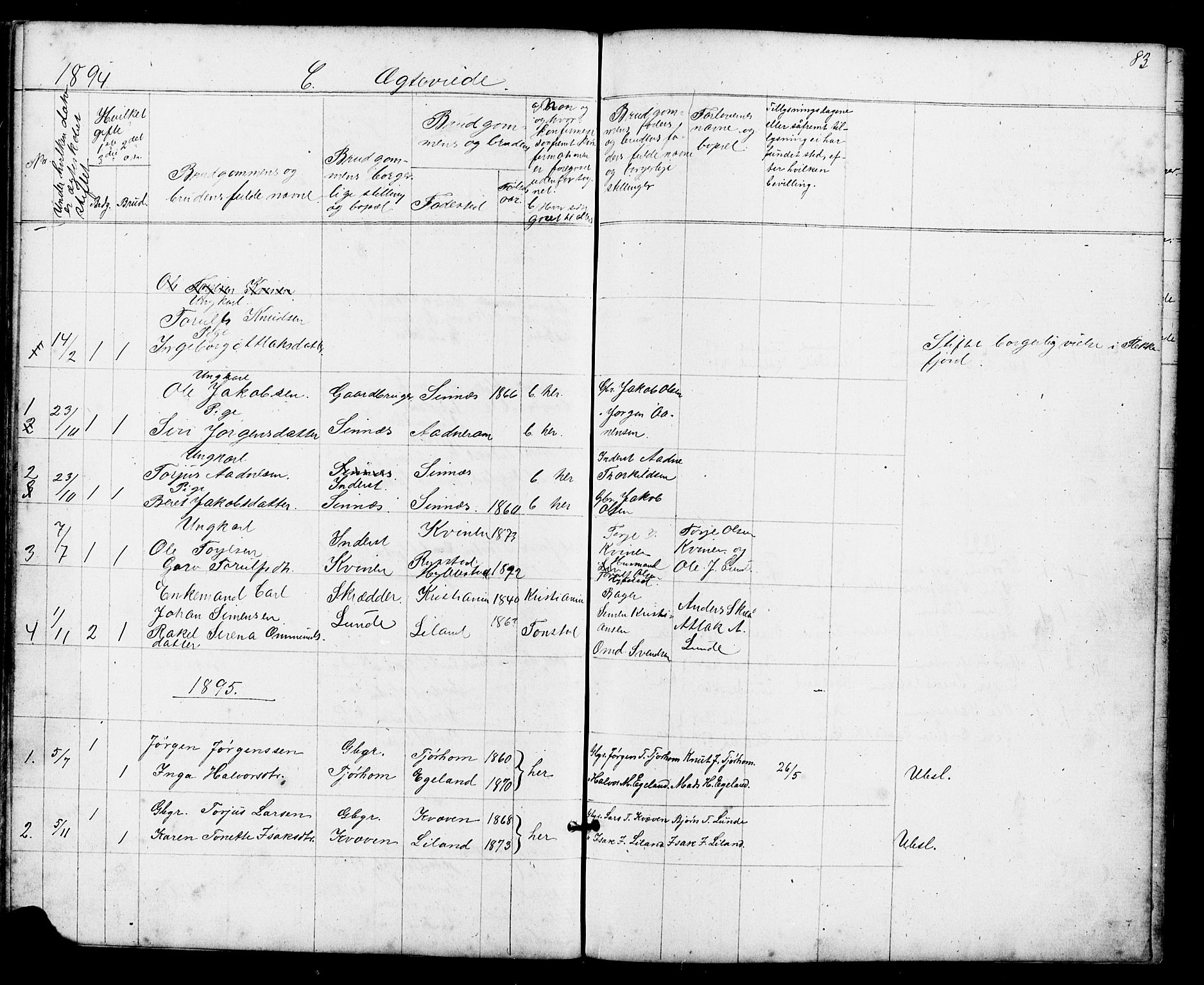 Sirdal sokneprestkontor, AV/SAK-1111-0036/F/Fb/Fba/L0001: Parish register (copy) no. B 1, 1872-1905, p. 83