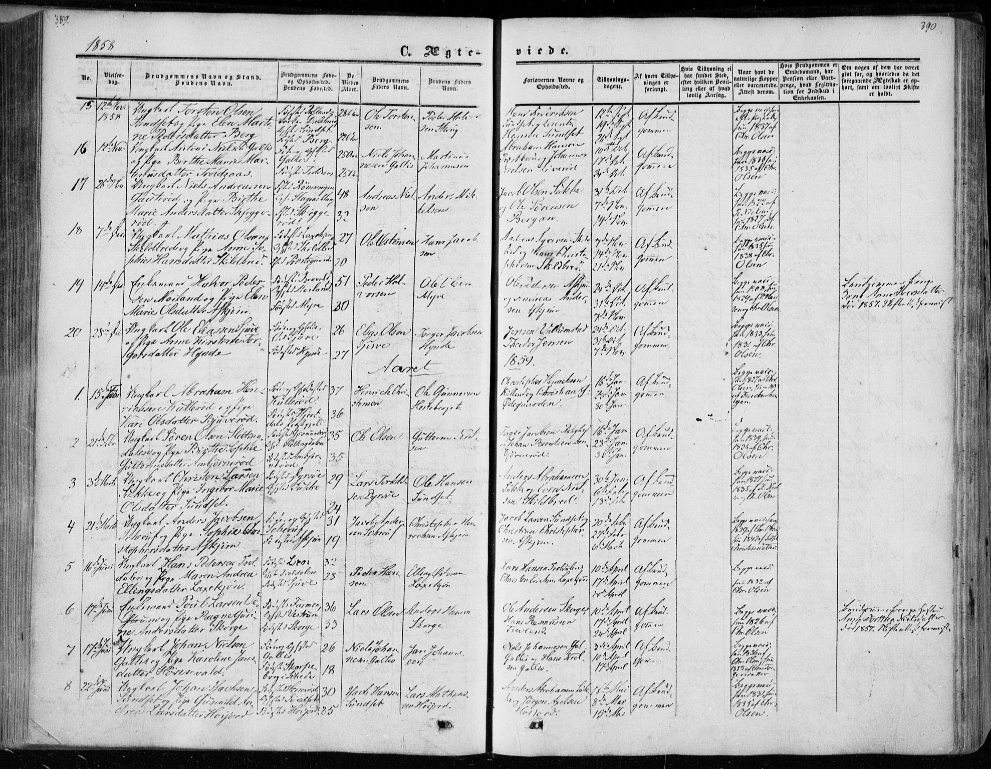 Andebu kirkebøker, AV/SAKO-A-336/F/Fa/L0005: Parish register (official) no. I 5, 1857-1870, p. 389-390