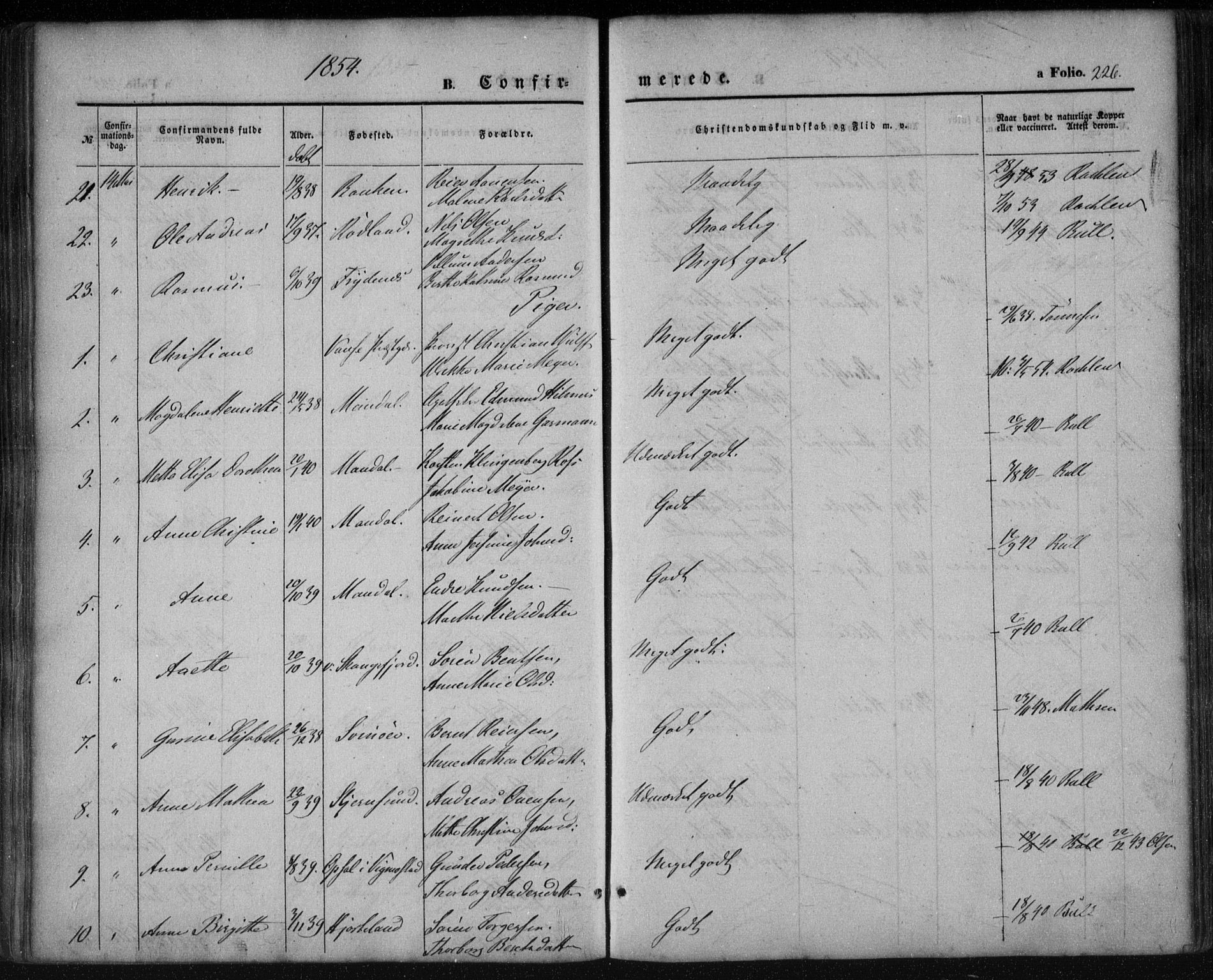 Mandal sokneprestkontor, AV/SAK-1111-0030/F/Fa/Faa/L0013: Parish register (official) no. A 13, 1847-1859, p. 226