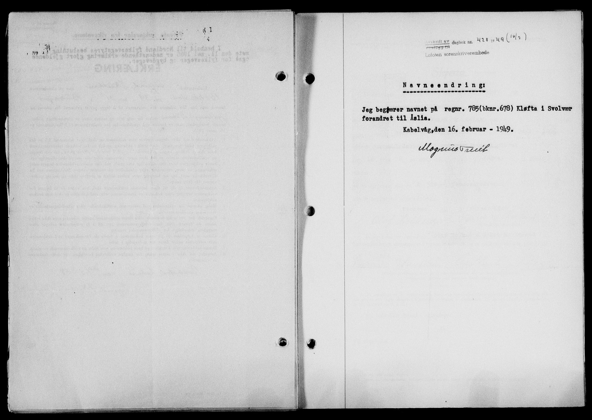 Lofoten sorenskriveri, SAT/A-0017/1/2/2C/L0020a: Mortgage book no. 20a, 1948-1949, Diary no: : 428/1949