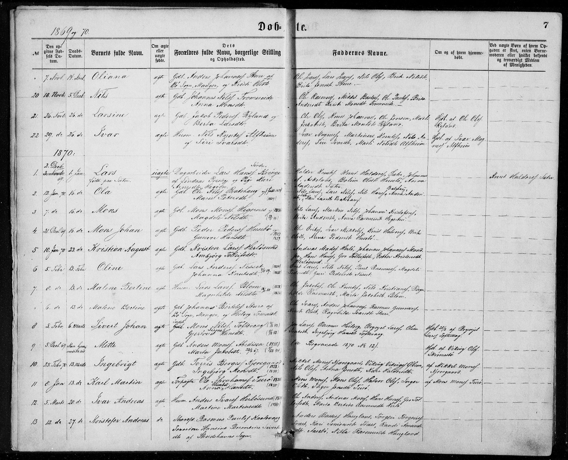 Herdla Sokneprestembete, AV/SAB-A-75701/H/Haa: Parish register (official) no. A 2, 1869-1877, p. 7