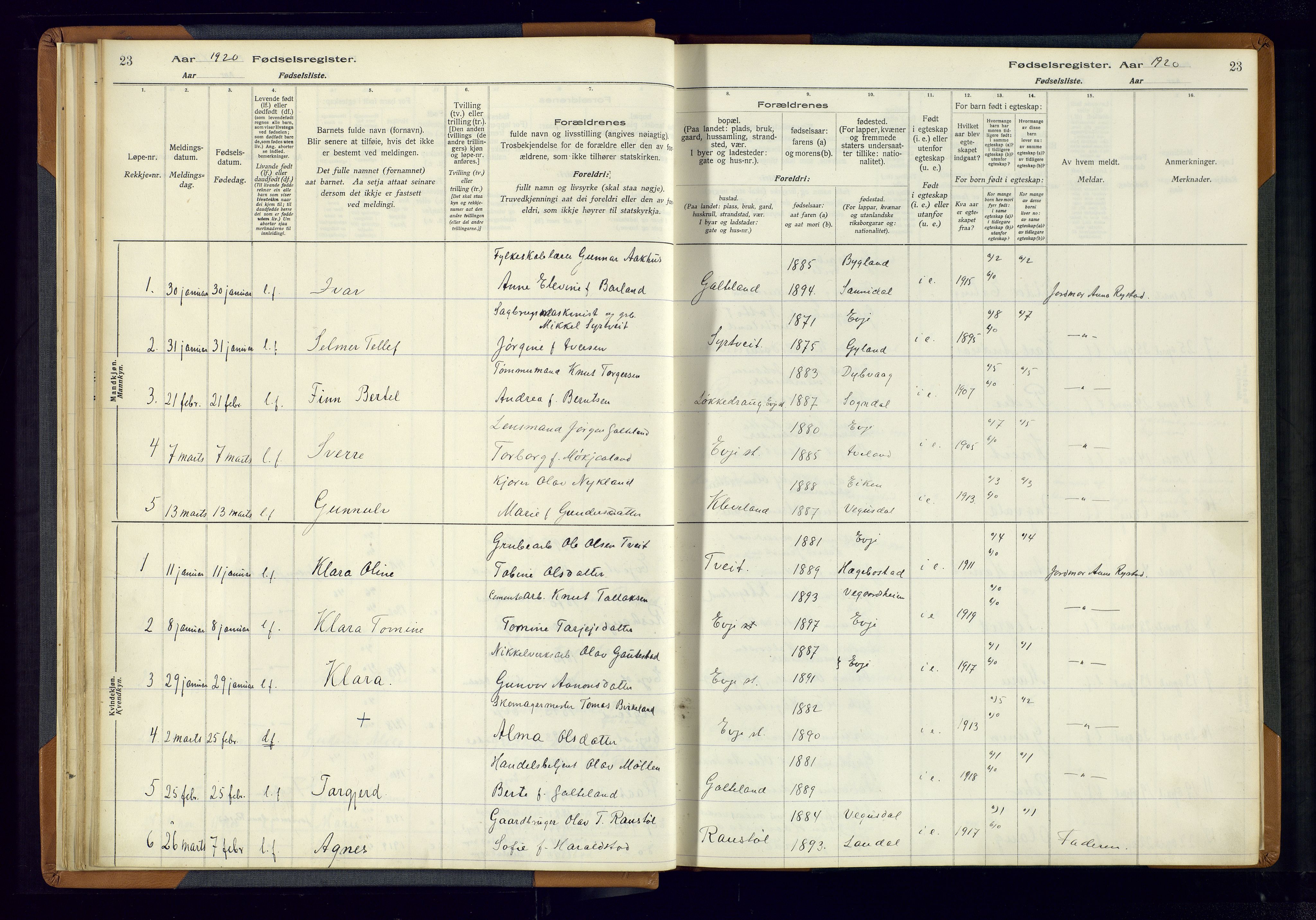 Evje sokneprestkontor, AV/SAK-1111-0008/J/Jc/L0004: Birth register no. 4, 1916-1968, p. 23