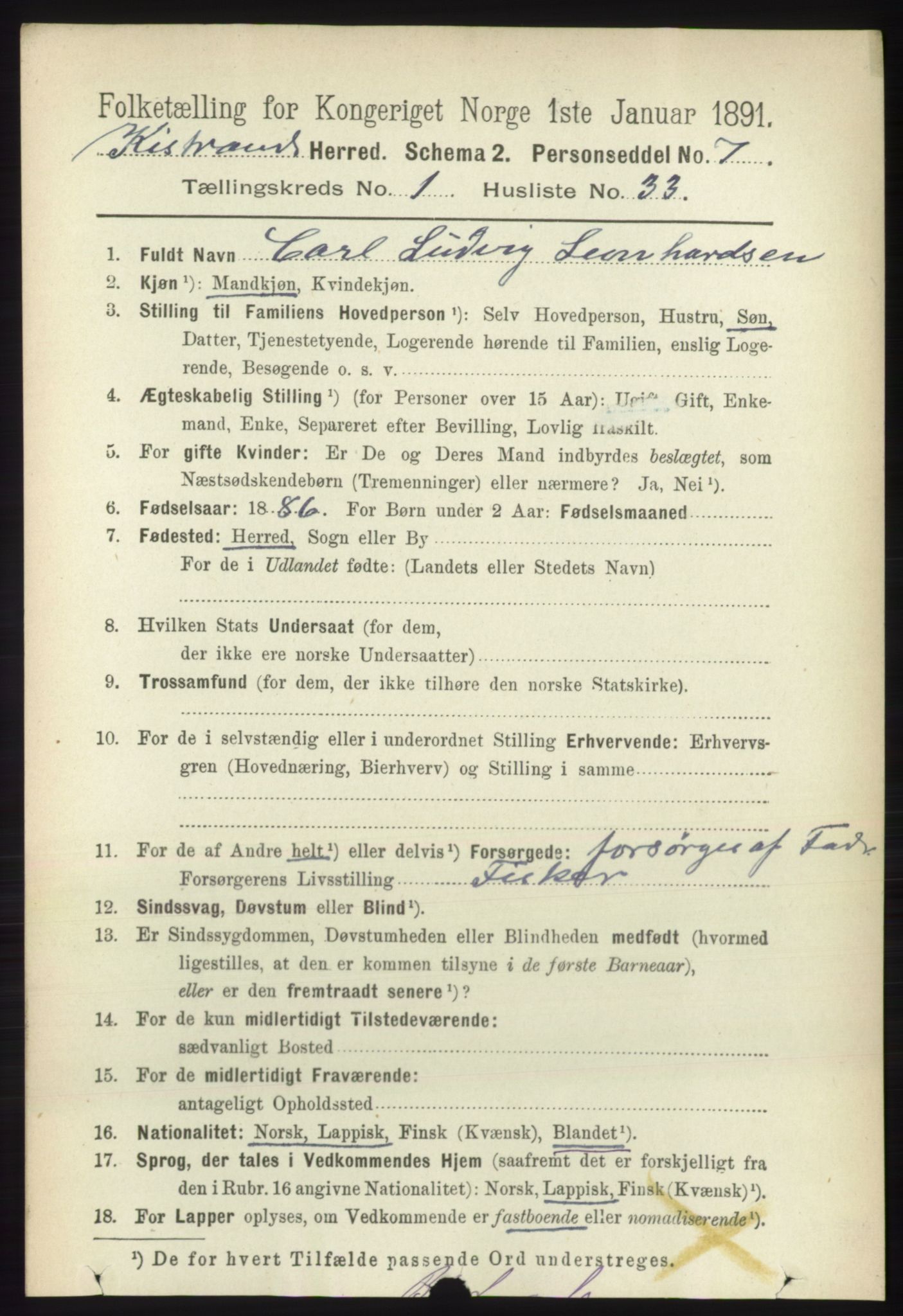 RA, 1891 census for 2020 Kistrand, 1891, p. 287