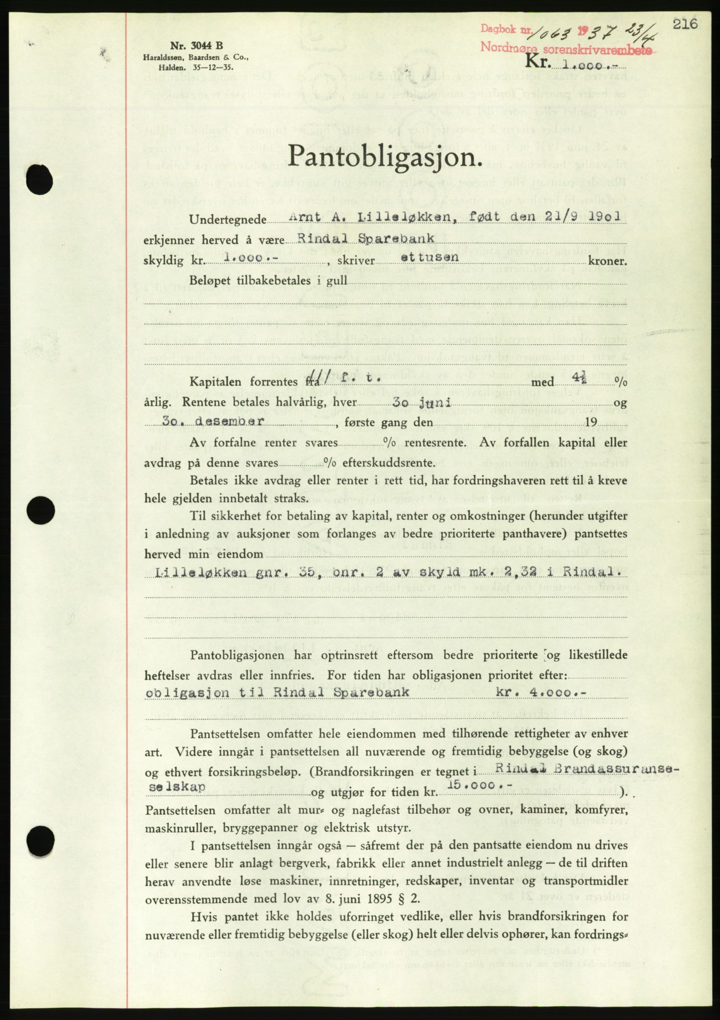 Nordmøre sorenskriveri, AV/SAT-A-4132/1/2/2Ca/L0091: Mortgage book no. B81, 1937-1937, Diary no: : 1063/1937