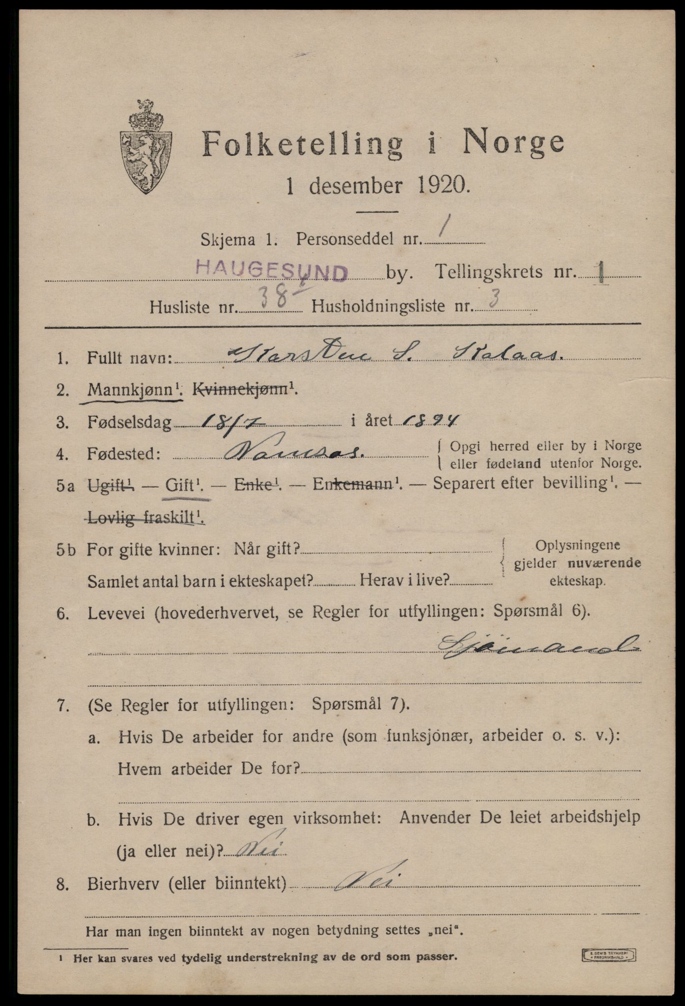 SAST, 1920 census for Haugesund, 1920, p. 12123