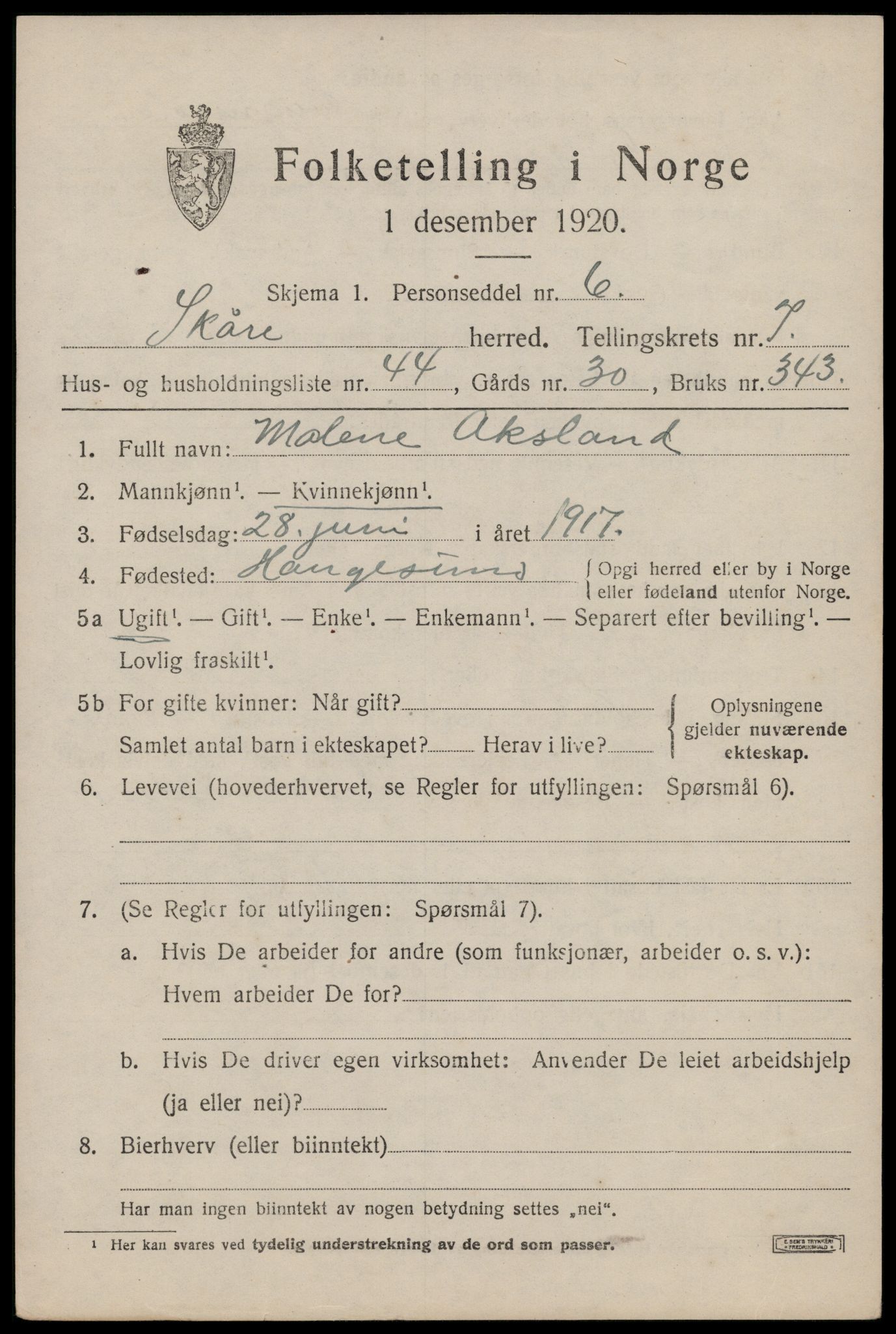 SAST, 1920 census for Skåre, 1920, p. 5712